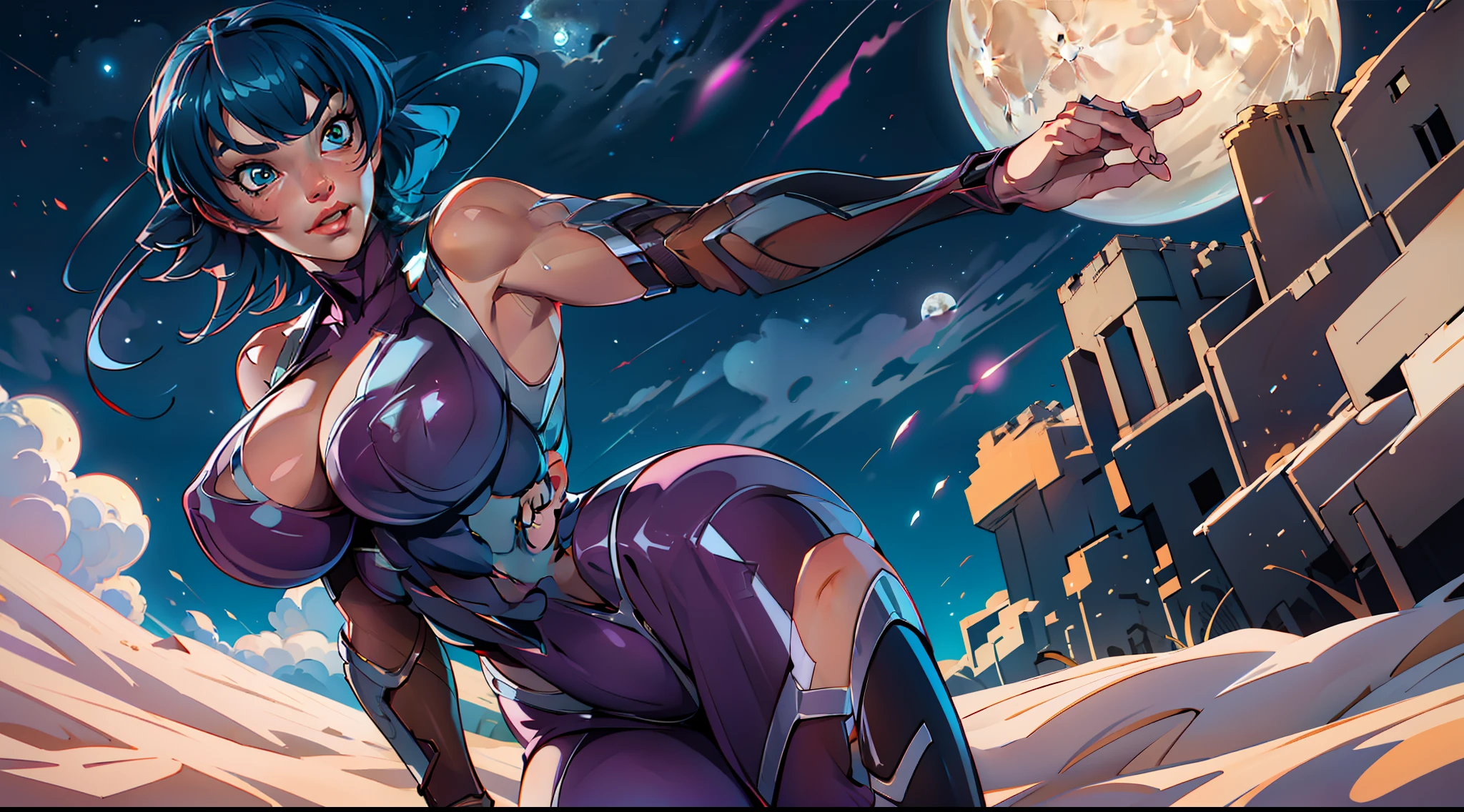 1 girl, ig model, taimanin, ninja, igawa asagi, asagi, bodysuit, action pose, lewd face, sexy, cleavage, armpits, large breasts, wide hips, thick thighs, muscles, abs, realistic, ray traced, desert, sand, night, stars, moon, clouds