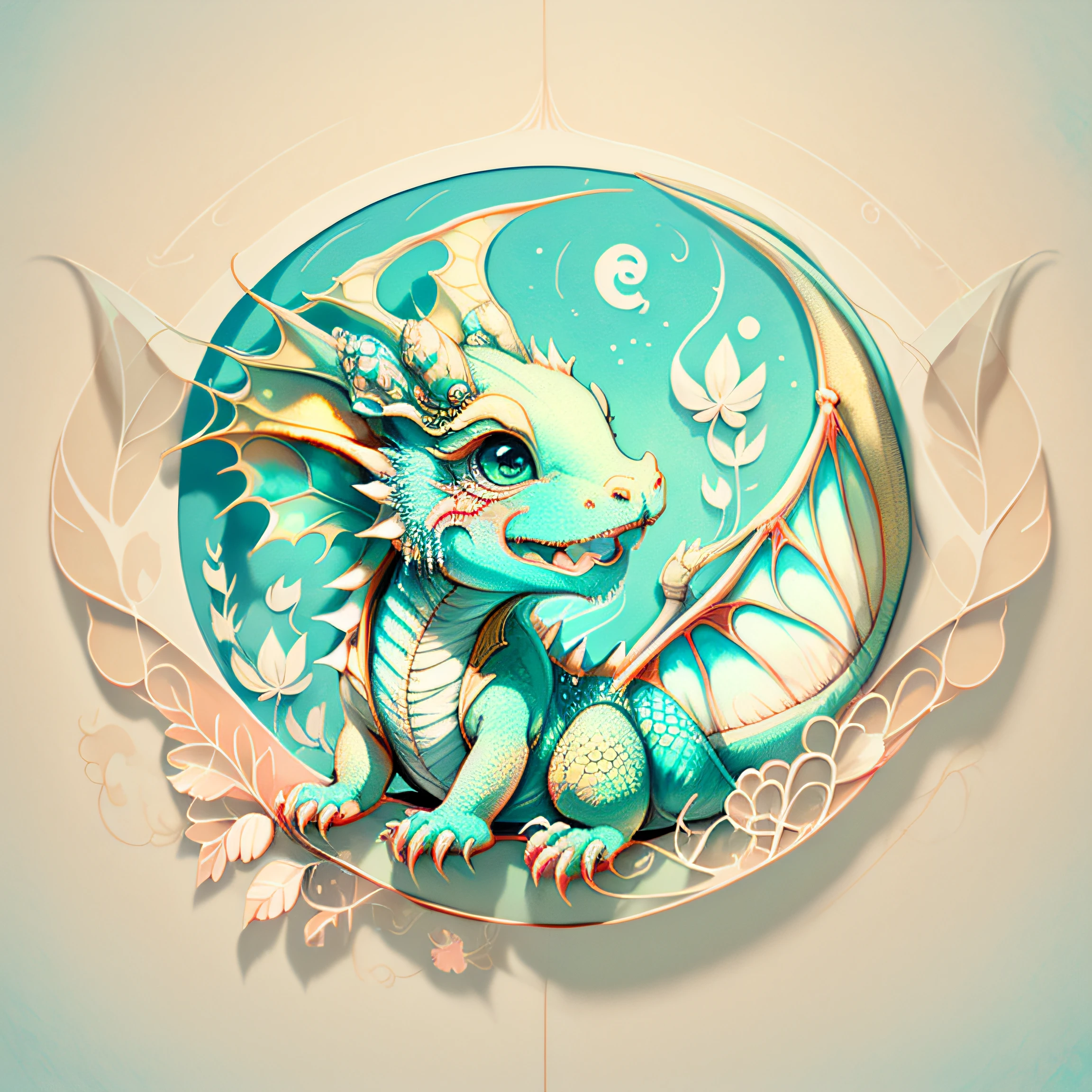 baby paint drawing, painted cute little dragon, cute baby dragon, symmetrical wings, flat image, pastel light colors, calm beige colors, diffused light, joyful mood, illustrator style, 2D, 4K