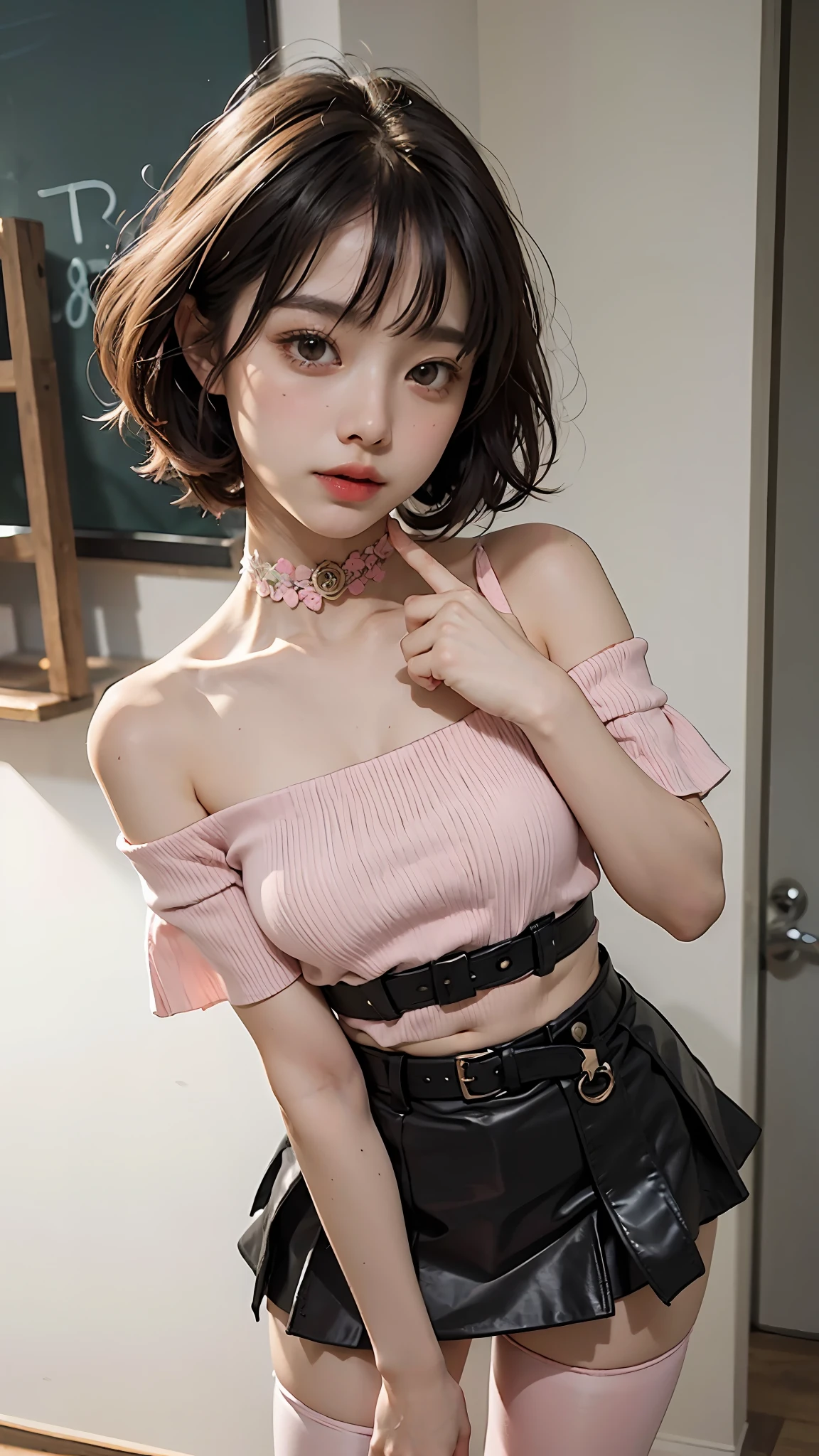 Cute school flower, soft little hands, perfect body, pear-shaped body, petite and cute, small man's waist, leather skirt, sleeveless off-the-shoulder short clothes, pink tights, thigh tie exquisite belt.