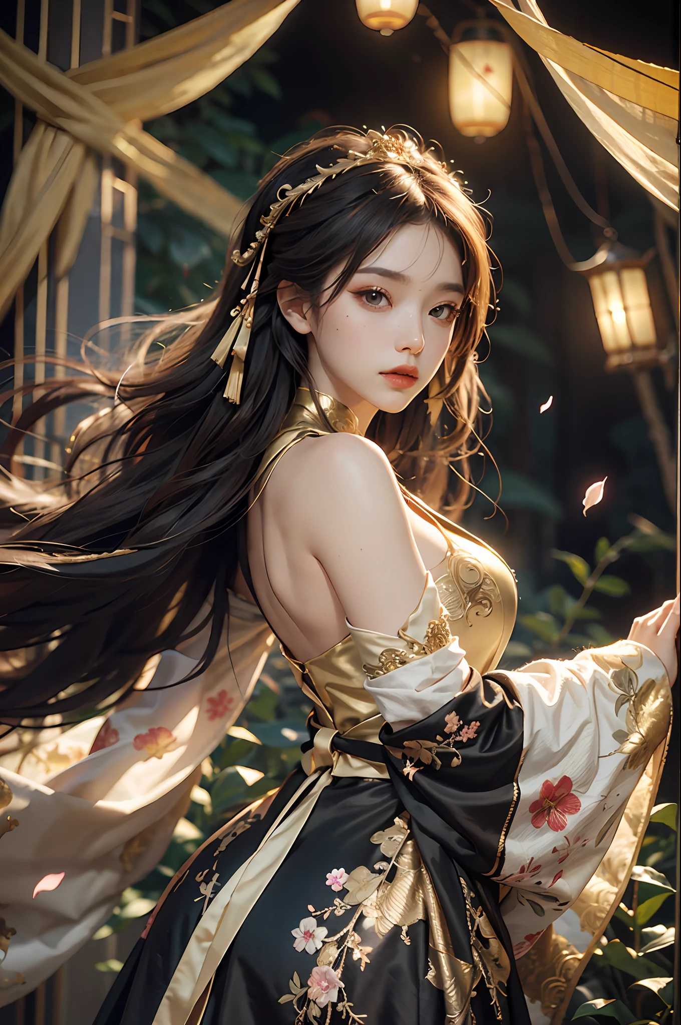 Superb Quality, Masterpiece, High Resolution, (Exquisite Body: 1.5), Beauty, Bare Shoulders, Extra Large Breasts (2.5) Wide Buttocks, Thin Waist, Stunning Beauty, (Milky Skin: 1.3), Exquisite Details, High Resolution, Wallpaper, 1 Woman, Solo, Dress, Hair Accessories, (((Golden Black Dress)) ), Flower, Long Hair, Brown Hair, Shut Up, Accessories, Long Sleeves, Raised Hands, Wide Sleeves, Big Eyes, Flowing Hair, Hanfu, Hanfu, Embroidery, Long Dress, Natural Pose, Falling Petals, Indoor, Fanning, Lantern, 16K, HDR, High resolution, depth of field, (film grain: 1.1), Bocon, prime time, (lens flare), vignetting, rainbow, (color grading: 1.5)