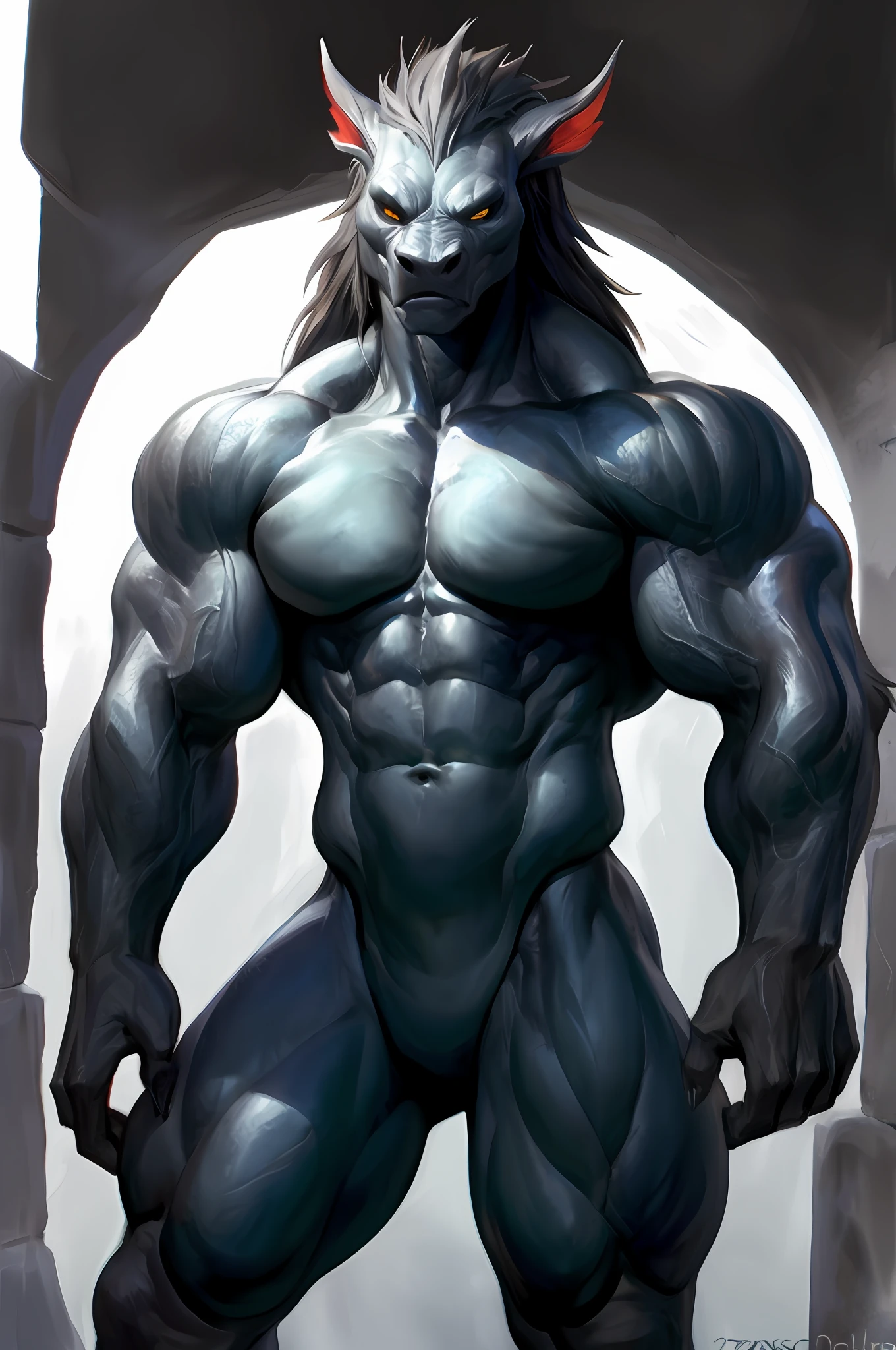 , by Bonifasko, anthro, solo, mighty, strong, powerful,  enormous muscles, muscular body, Azog, mesomorph, waist is very slim, shoulders is very wide, chest is very large, torso is very tall, small head, wall of incredible abs, mane, detailed background, standing, looking at viewer, male, front view