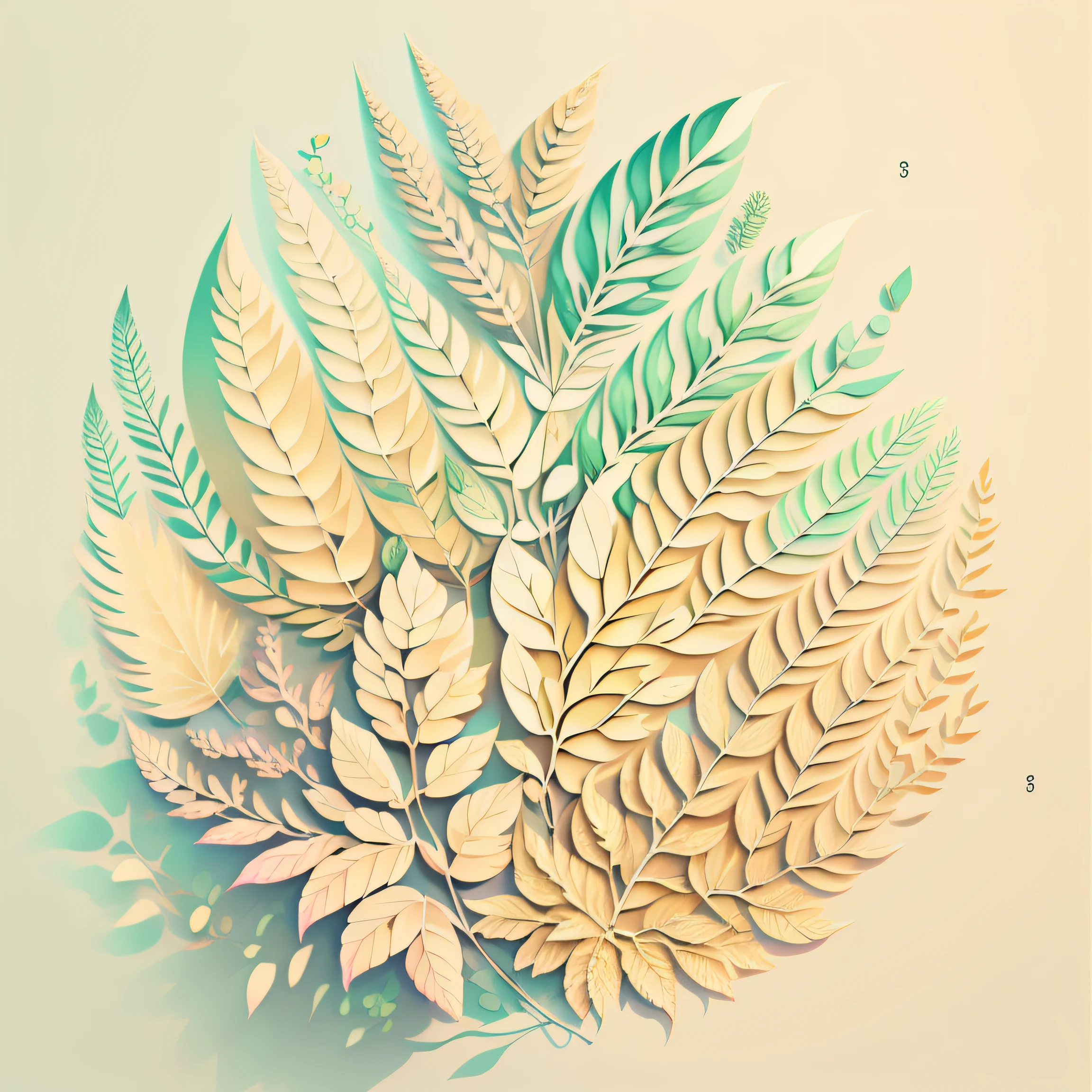 Beige leaves with veins on beige background, pastel colors, beautiful hand-drawn botany, beautiful flora, thin leaves, illustrator style, many details, flat image, late beige colors, diffused light, joyful mood, illustrator style, 2D, 4K
