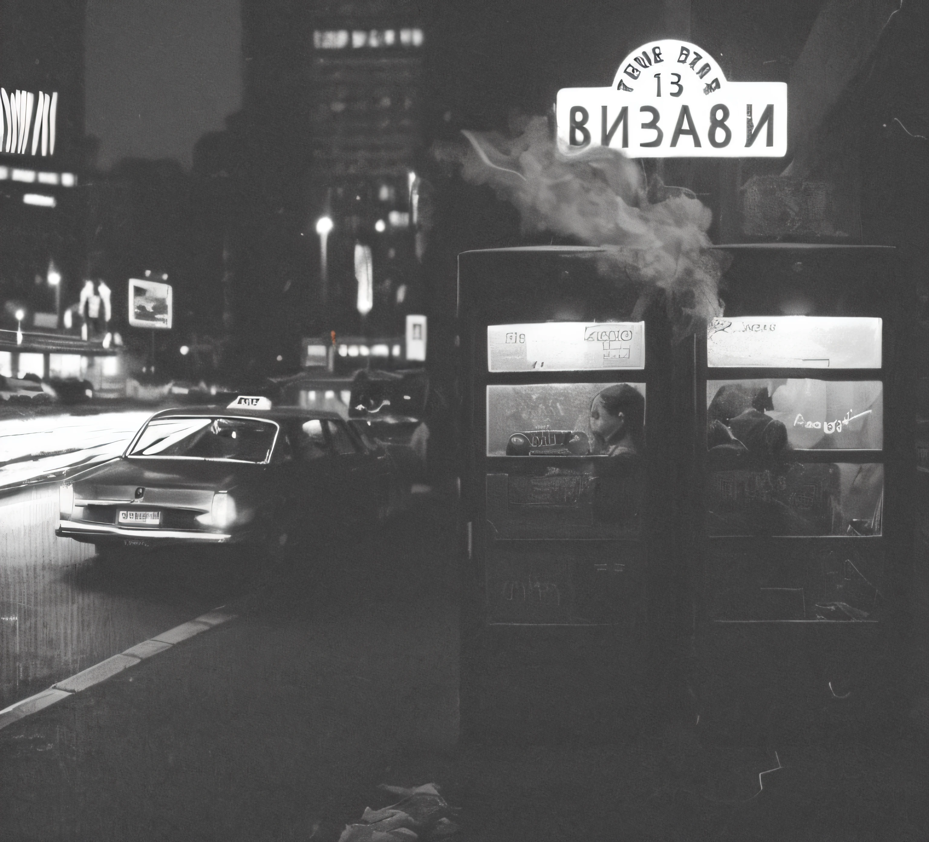 there is a black and white photo of a phone booth on a city street, vaporwave. black and white, smokes, dark city bus stop, by andrei riabovitchev, street city night, by maxim verehin, street photo, gta in moscow, night photo, sovietwave aesthetic, late night melancholic photo, taken in the night