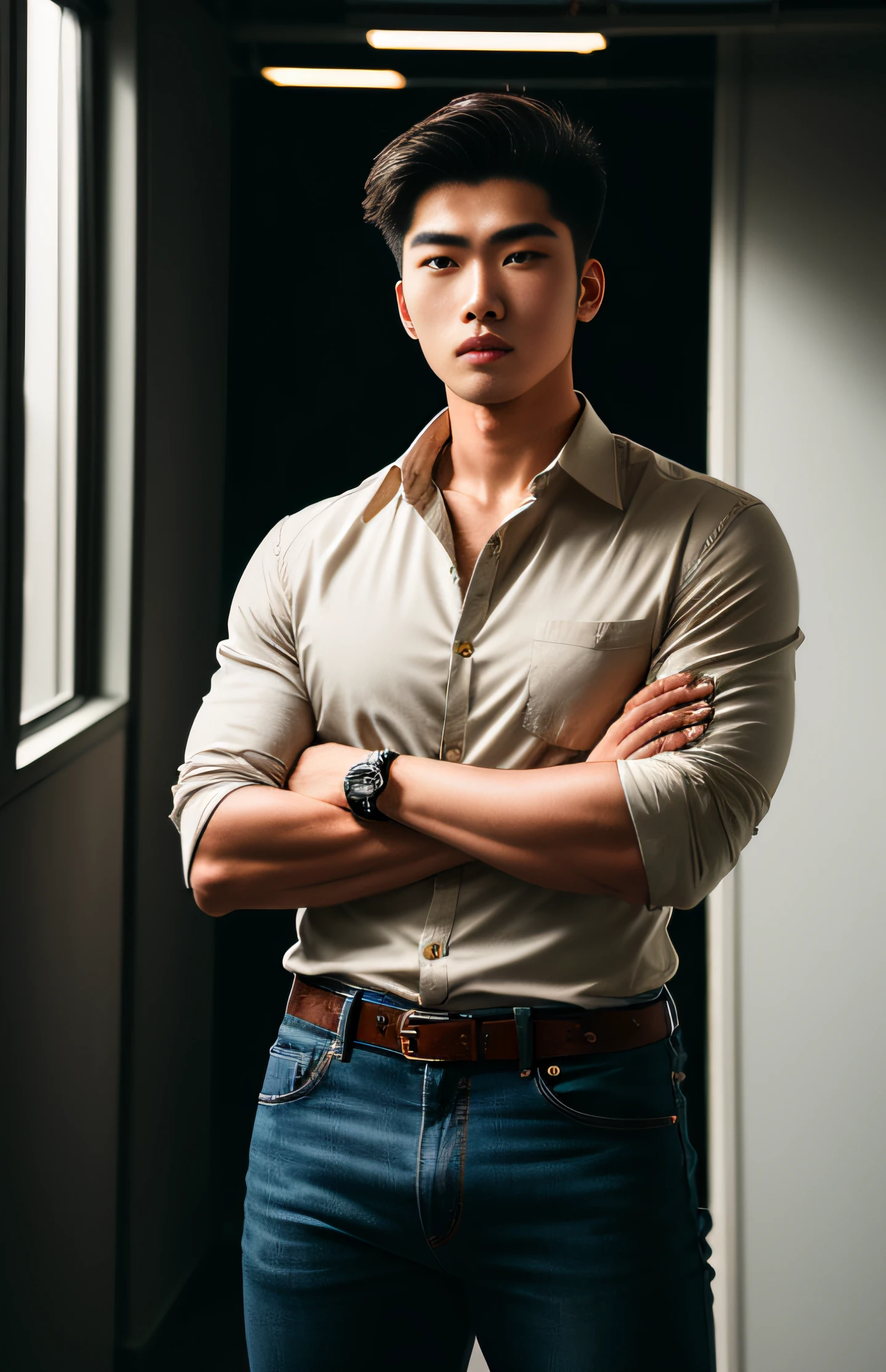 cyberpunk portrait photography, 21 years old Chinese,interior designer, handsome young man looking off camera, super realistic face, eyes visible through hair, proper eye position, natural skin, soft light, rim light, in studio, detailed background, intricate , highly detail, octane render, HD, 8k, by Annie Leibovitz,120mm, shoulder,front view,wearing a Simple beige shirt and denim jeans,