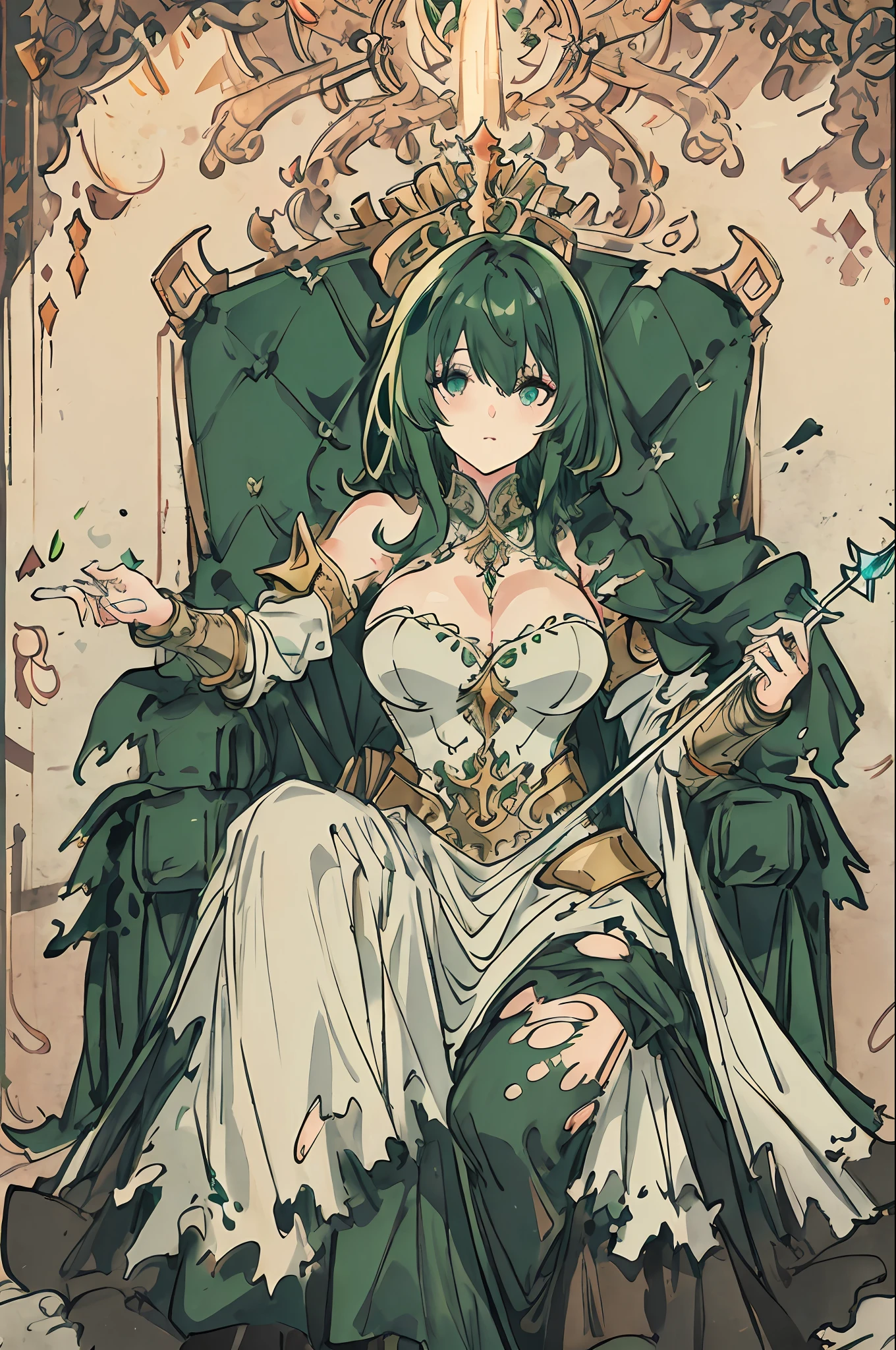 best quality, intricate details, 1girl, medium hair, messy hair, green hair, hair over eyes, beautiful eyes, large breasts, torn legwear, fantasy, armored dress, dim lighting, throne, holding a spear