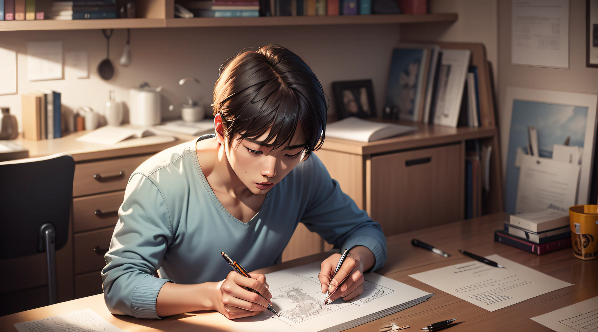 Drawing, ultra realistic, 8k, extremely detailed, in the best quality, man, oriental, short hair, young, studying in a tidy room.