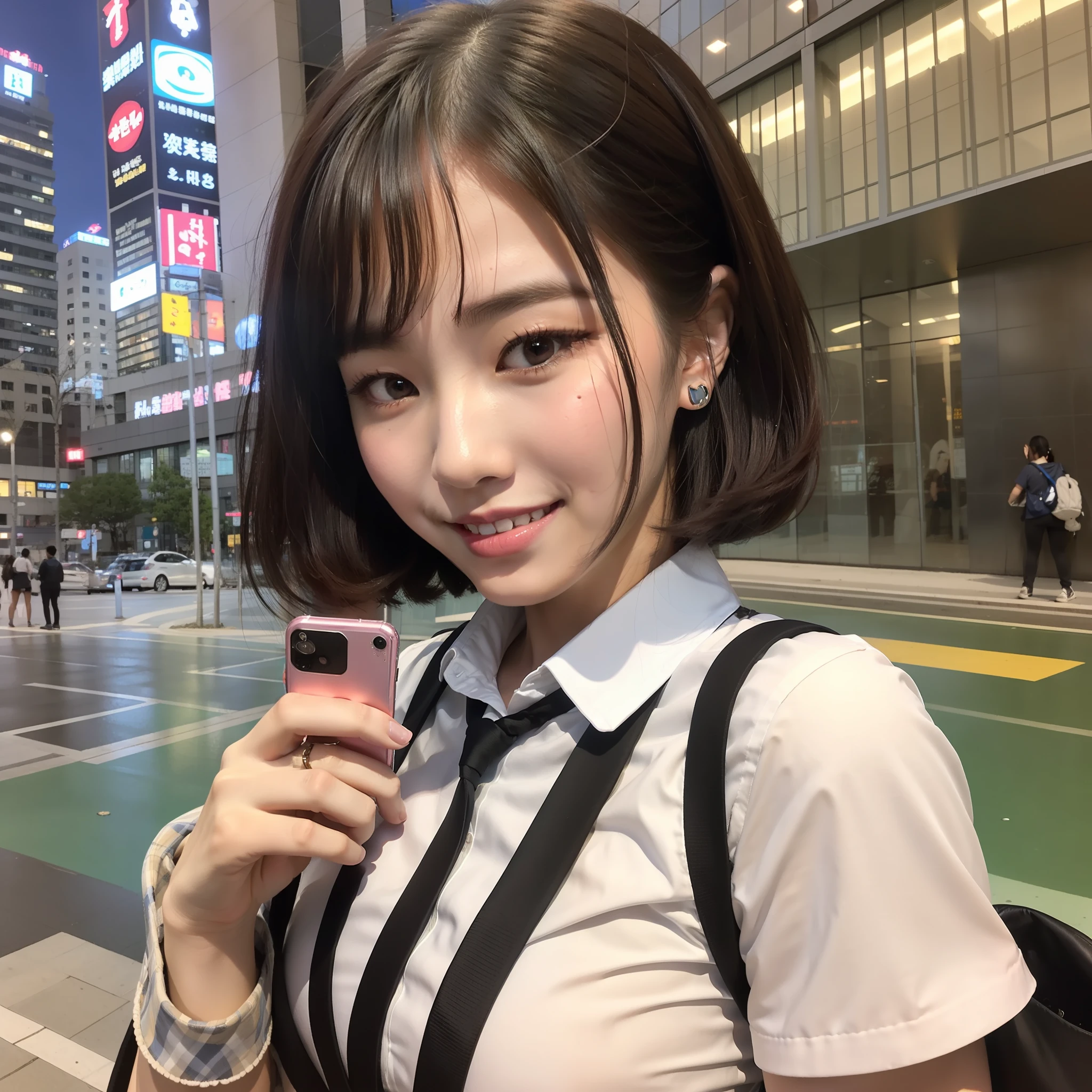 High school female student, short hair in front of ears, selfie with mobile phone, before Taipei 101, night view, toothy smile, student uniform,