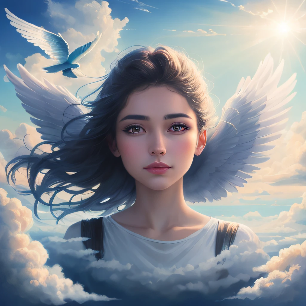 painting of a girl with wings flying in the sky, beautiful angel girl portrait, portrait of a beautiful angel, of an beautiful angel girl, girl with angel wings, beautiful female angel, winged girl angel, of beautiful angel, beautiful young wind spirit, beautiful fantasy art portrait, beautiful digital illustration, a beautiful artwork illustration, beautiful angel, beautiful digital artwork, angel girl