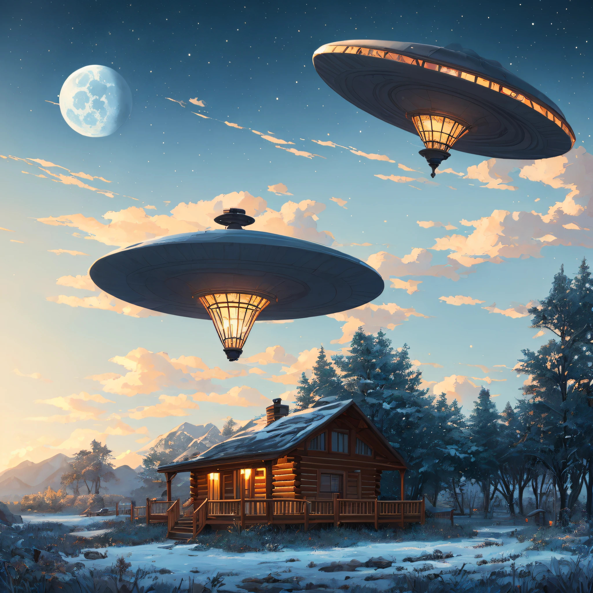 midnight,flying huge UFO in sky,modelshoot style, (extremely detailed CG unity 8k wallpaper), full shot body photo of the most beautiful artwork in the world, water, refraction, reflections, mirrors, prisms, sunlight, glowing lights!! intricate elegant, highly detailed, smooth, sharp focus, illustration, eyes reflecting into eyes reflecting to infinity, photorealistic painting by Ed Blinkey, Atey Ghailan, Studio Ghibli, by Jeremy Mann, Greg Manchess, Antonio Moro, alphonse mucha, trending on ArtStation, trending on CGSociety, Intricate, High Detail, Sharp focus, dramatic, photorealistic painting art by midjourney and greg rutkowski,moon,moonlight,clouds,mountains,star sky,trees,Log Cabin,grass,snow,buggy, --auto