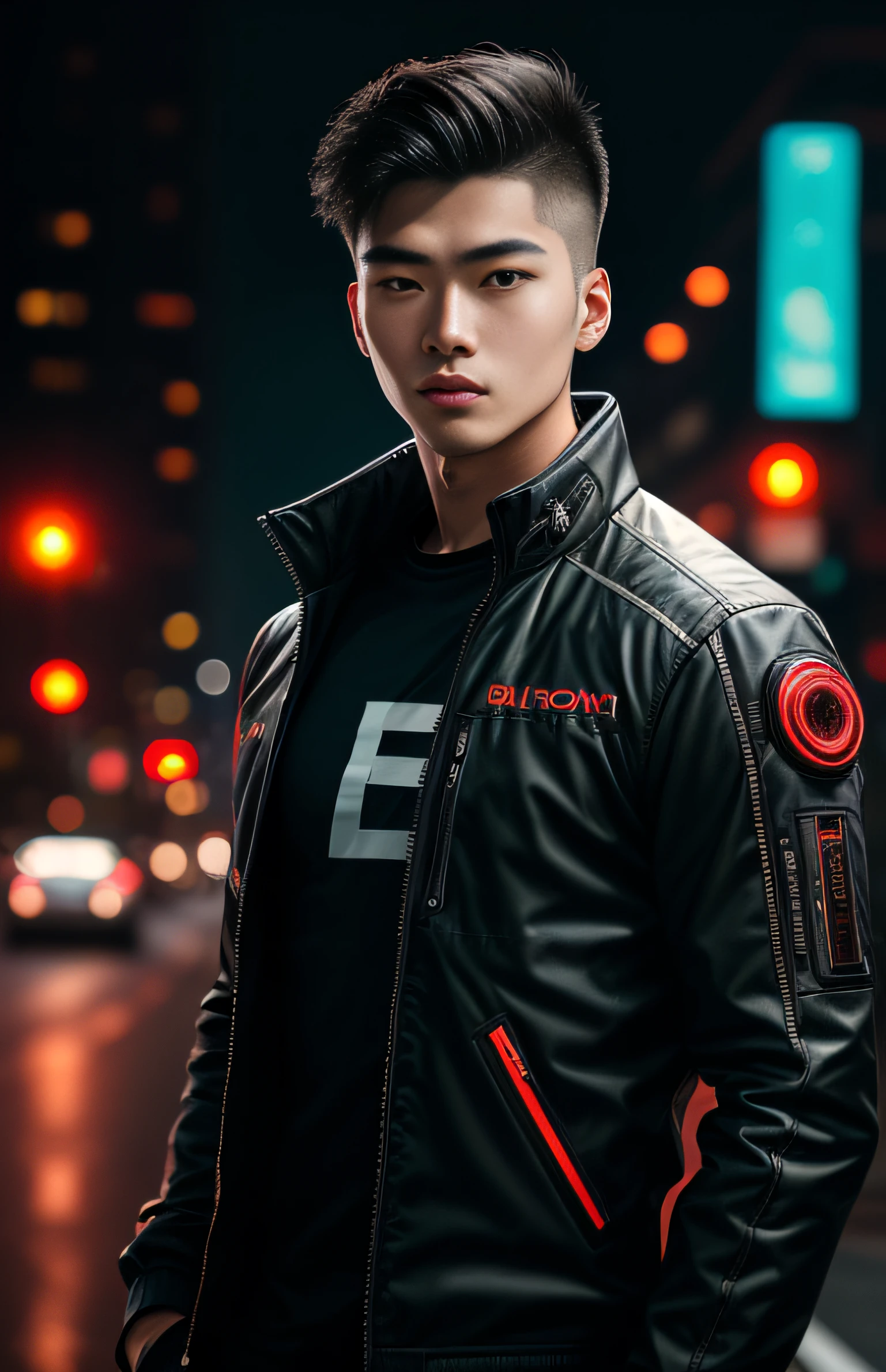cyberpunk portrait photography, 21 years old Chinese,interior designer, handsome young man looking off camera in glowing futuristic jacket, super realistic face, eyes visible through hair, proper eye position, natural skin, soft light, rim light, hips, in road side, detailed background, intricate , highly detail, octane render, HD, 8k, by Annie Leibovitz,120mm, shoulder