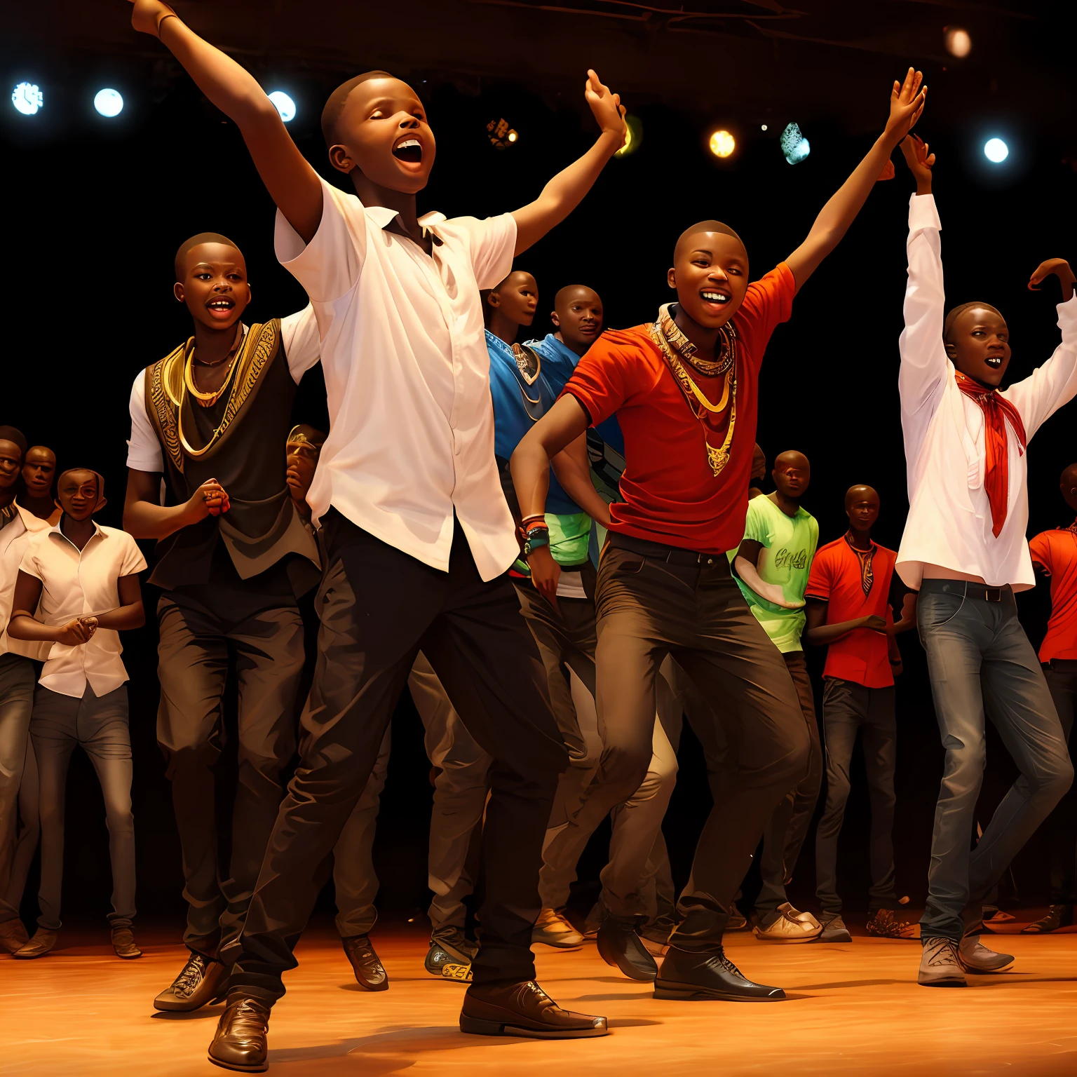 photo RAW, African boys, doing group dancing on stage --auto