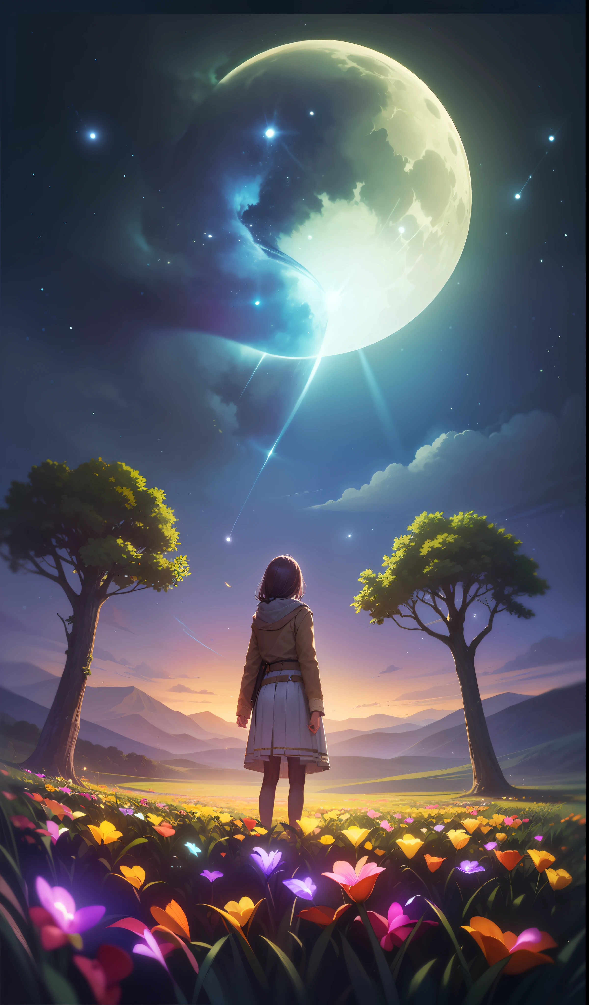 Vast landscape photo, (viewed from below, the sky is above and the open field is below), a girl standing on a flower field looking up, (full moon: 1.2), (meteor: 0.9), (nebula: 1.3), distant mountains , Trees BREAK Crafting Art, (Warm Light: 1.2), (Fireflies: 1.2), Lights, Lots of Purple and Orange, Intricate Details, Volumetric Lighting, Realism BREAK (Masterpiece: 1.2), (Best Quality), 4k, Ultra-Detailed, (Dynamic Composition: 1.4), Very Detailed, Colorful Details, (Rainbow Colors: 1.2), (Glow Lighting, Atmospheric Lighting), Dreamy, Magical, (Solo: 1.2)