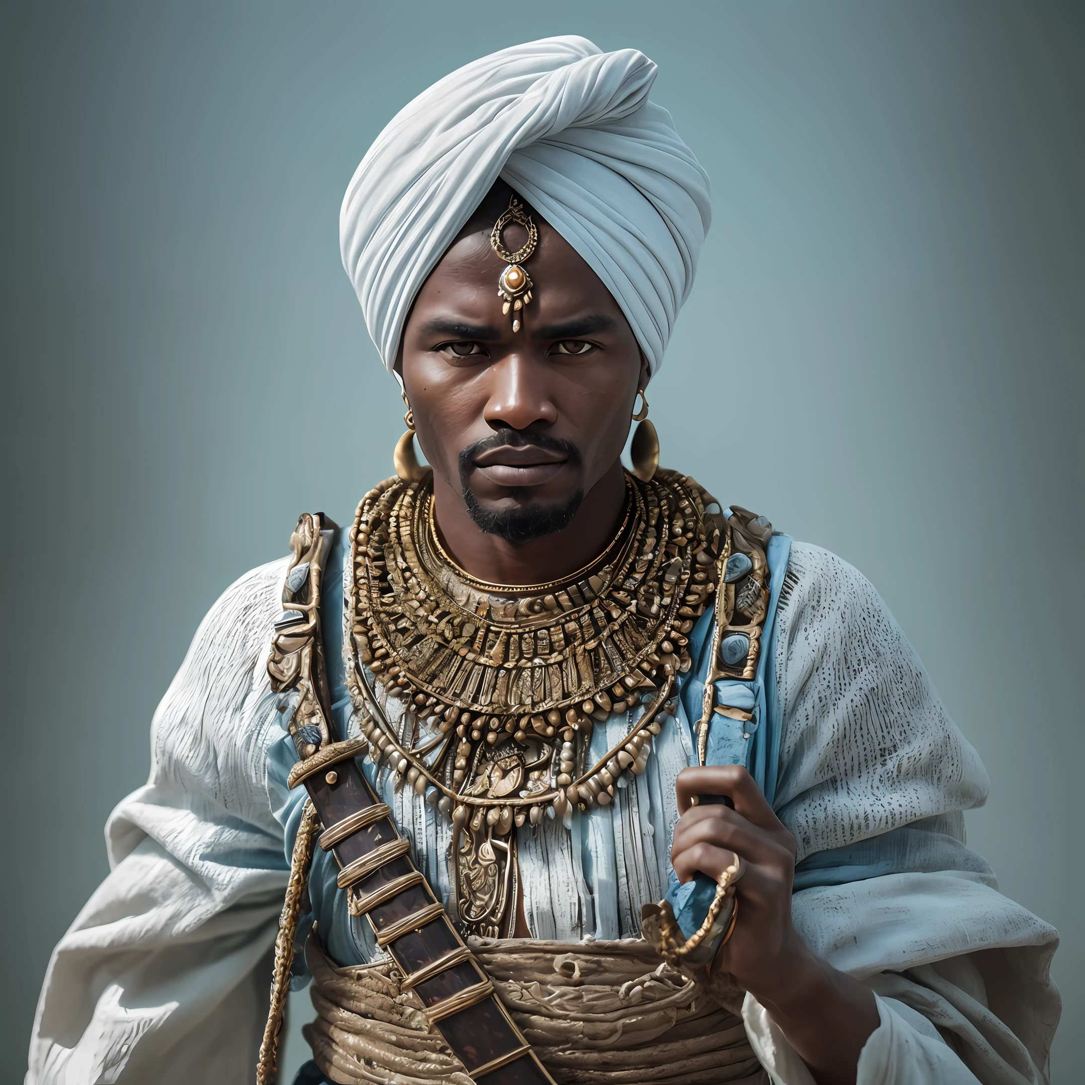 Oxaguian. Warrior Black man, black eyes, African, afro hair, mature, adult, beautiful, upper body, natural skin texture, 24mm, 4k textures, white turban, (white clothing with light blue details), blue and white beaded necklace, african sword, soft cinematic light, RAW photo, photorealism, photorealistic, intricate, elegant, highly detailed, sharp focus, (((((cinematic look)))), soft tones, insane details,  Intricate detail, hyperdetailed, low contrast, soft cinematic light, dark colors, exposure mix, HDR, faded --auto --s2