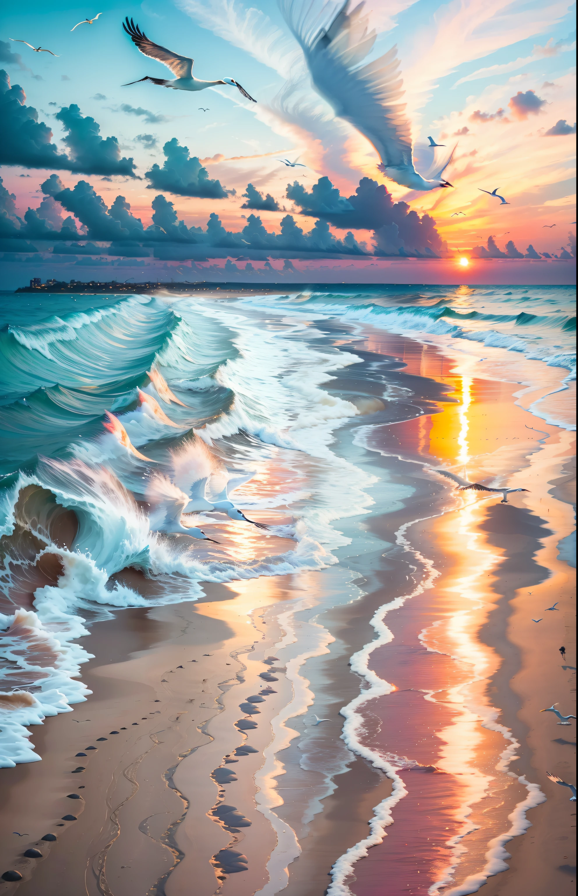 An absolutely mesmerizing sunset on the beach, with a mix of orange, pink, and yellow in the sky. The water is crystal clear, gently kisses the coast, and the white sand is endless. The scene is dynamic and breathtaking, with seagulls soaring high in the sky and palm trees swaying softly. Immerse yourself in the calm atmosphere and let the serenity surround you.