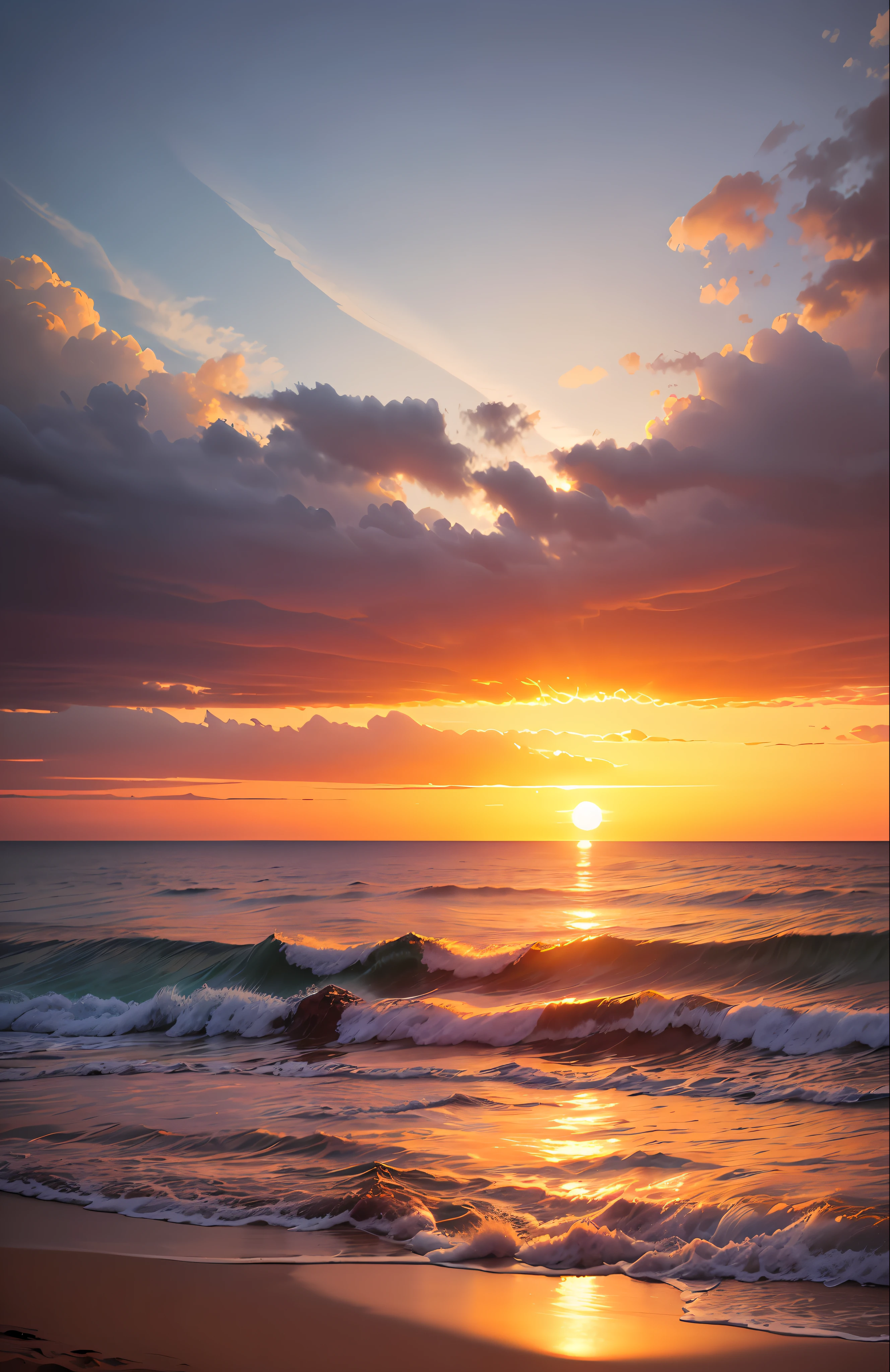 arafed view of a sunset over the ocean with waves, which shows a beach at sunset, sunset at the beach, the most beautiful sunset, beach sunset background, sunset on the beach, golden sunset, on the beach during sunset, at the beach on a sunset, golden hour time, at the golden hour, warm beautiful scene, at a beautiful sunset --auto
