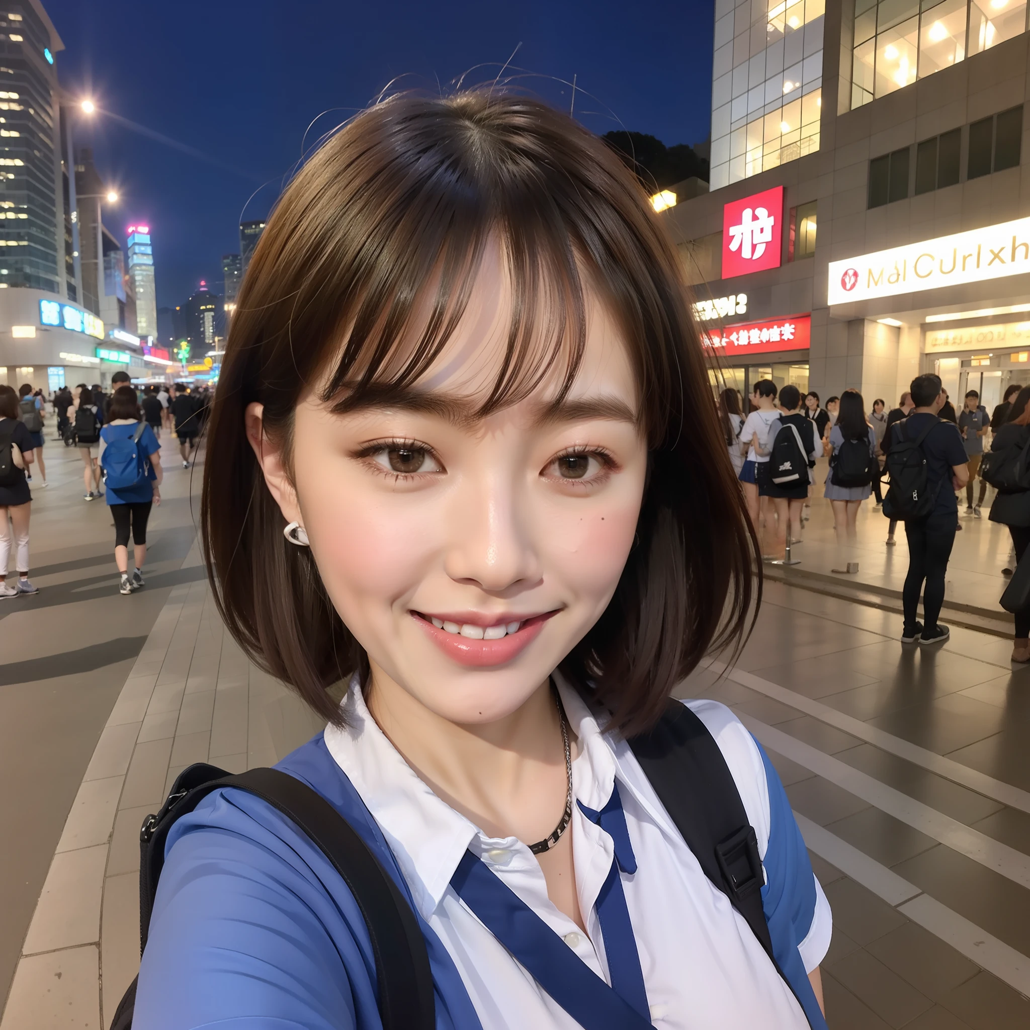 High school girl, short hair in the ears, selfie with mobile phone, before Taipei 101, night view, toothy smile, student uniform, iPhone,