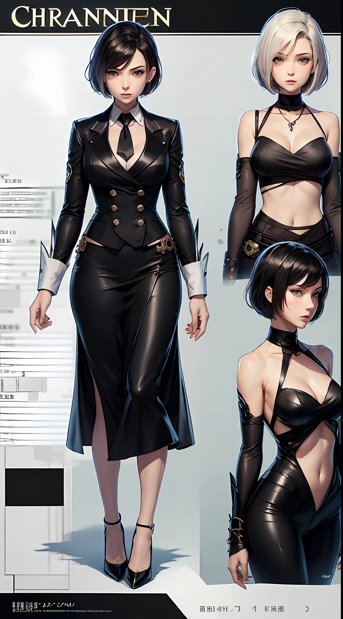 Character sheet, official art, 1 girl, full height, green eyes, black short hair, white shirt, black tie, black dress pants, black heels, jewelry, many details --auto --s2