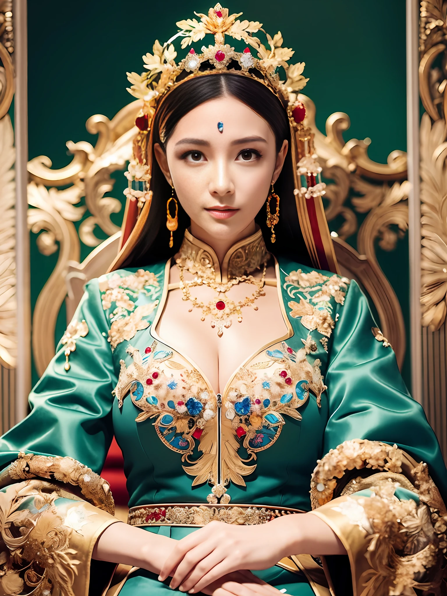 Best quality, masterpiece, detail, intricate detail, realistic cinematic lighting, (fantasy art: 1.6), (seiza: 1.1), (front: 1.2), upright, royal, majestic, queen, (huge and golden throne: 1.4), crown, close-up front, solemn, throne, upright posture, seriousness, dignity, gaze ahead, contemplation, jewelry, solo, divine ray, 1 woman, gold and red dress, golden palace,