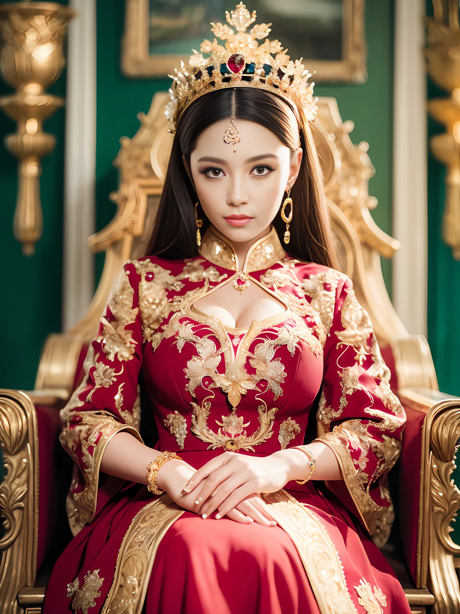 Best quality, masterpiece, detail, intricate detail, realistic cinematic lighting, (fantasy art: 1.6), (seiza: 1.1), (front: 1.2), upright, royal, majestic, queen, (huge and golden throne: 1.4), crown, close-up front, solemn, throne, upright posture, seriousness, dignity, gaze ahead, contemplation, jewelry, solo, divine ray, 1 woman, gold and red dress, golden palace,