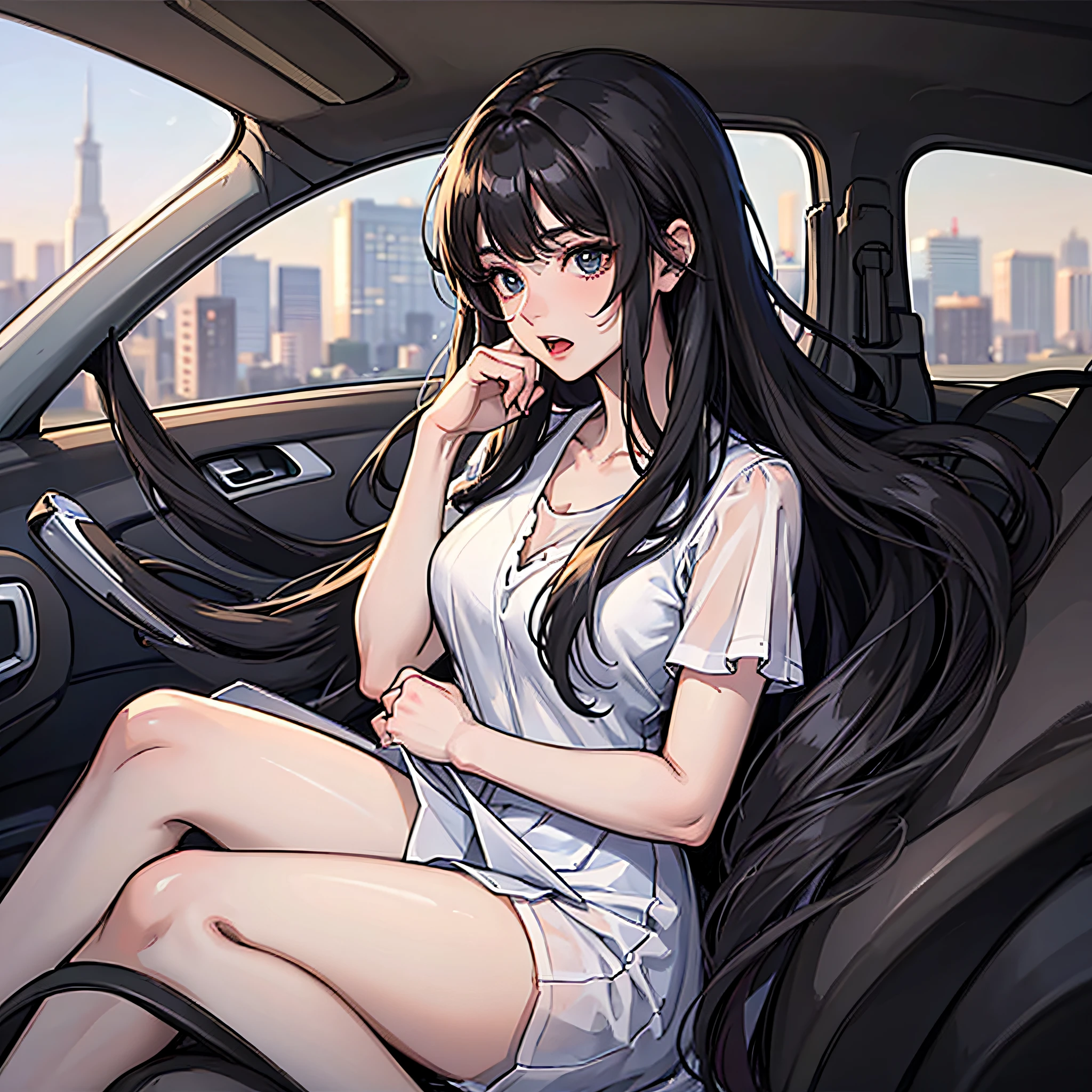 A woman with long black hair, wearing a white dress, sat in the car with a surprised expression