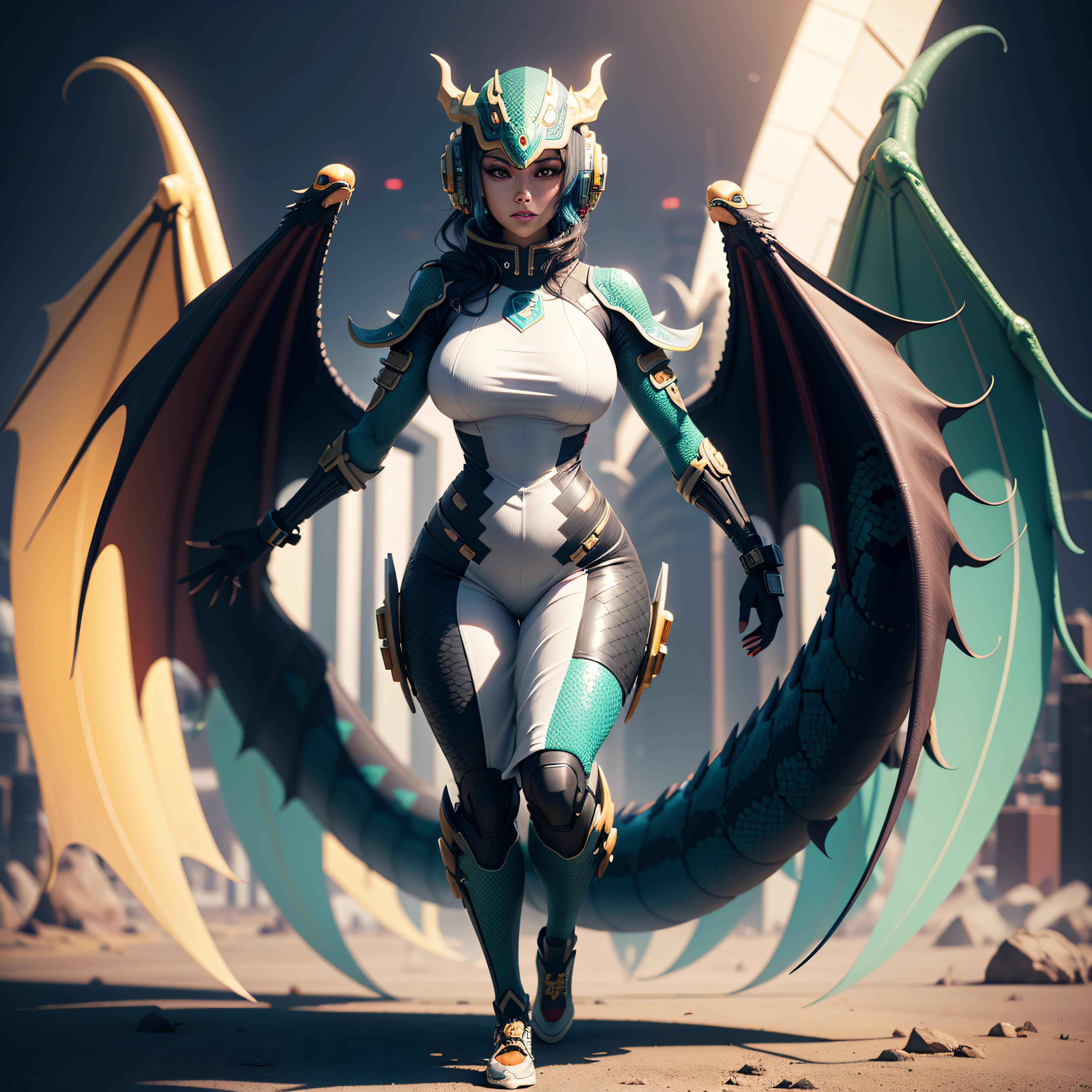 wide fullbody portrait, fullbody space ALIEN hightech cyberpunk anthropomorphic octopus-serpent-dragon-quetzalcoatl GOD, with exquisitely colored full-body feathered wings, Futuristic Mayan-Aztech-SpacePilot outfit, Raytraced Octane Render, Isometric Voxel Fullbody Character