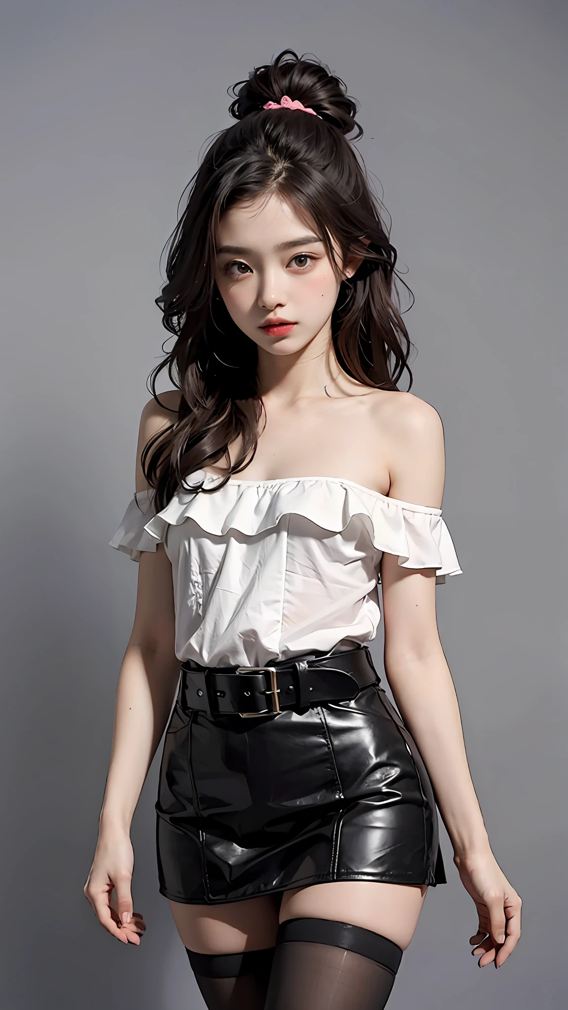 Cute school flower, soft little hands, perfect body, pear-shaped body, petite and cute, small man's waist, leather skirt, sleeveless off-the-shoulder short clothes, tights, thigh tie with exquisite belt.