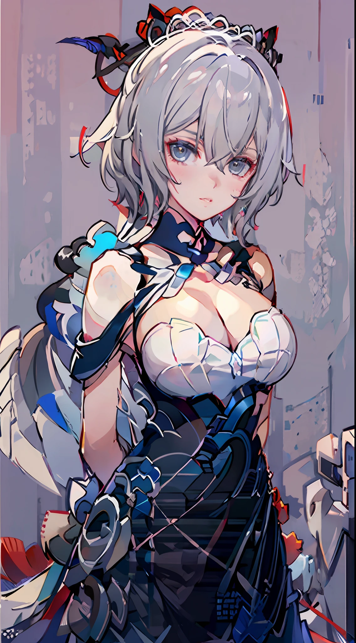 bronya zaychik (silverwing n-ex), masterpiece, best quality, ultra-detailed, illustration,(1girl),gray eyes, looking at viewer, close up, (breast focus), (arms behind back:1.2), (breasts out:1.3), (off shoulder:1.1),,dress,red nose,blush