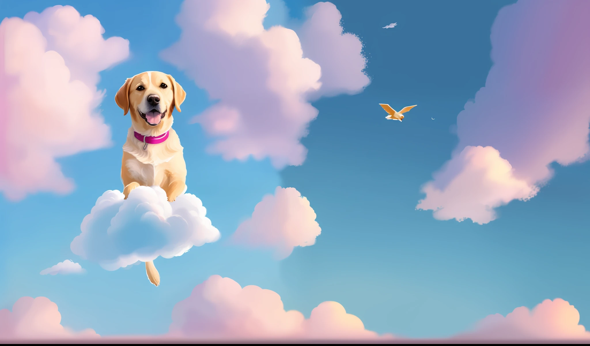 yellow dog sitting on a cloud in the sky with a pink collar, sitting in a fluffy cloud, floating in the sky, lucy in the sky with diamonds, dog as a god, high in the sky, riding in the sky, floating into the sky, in the sky, in the clouds, painting of cute dog, flying through the clouds, she is approaching heaven