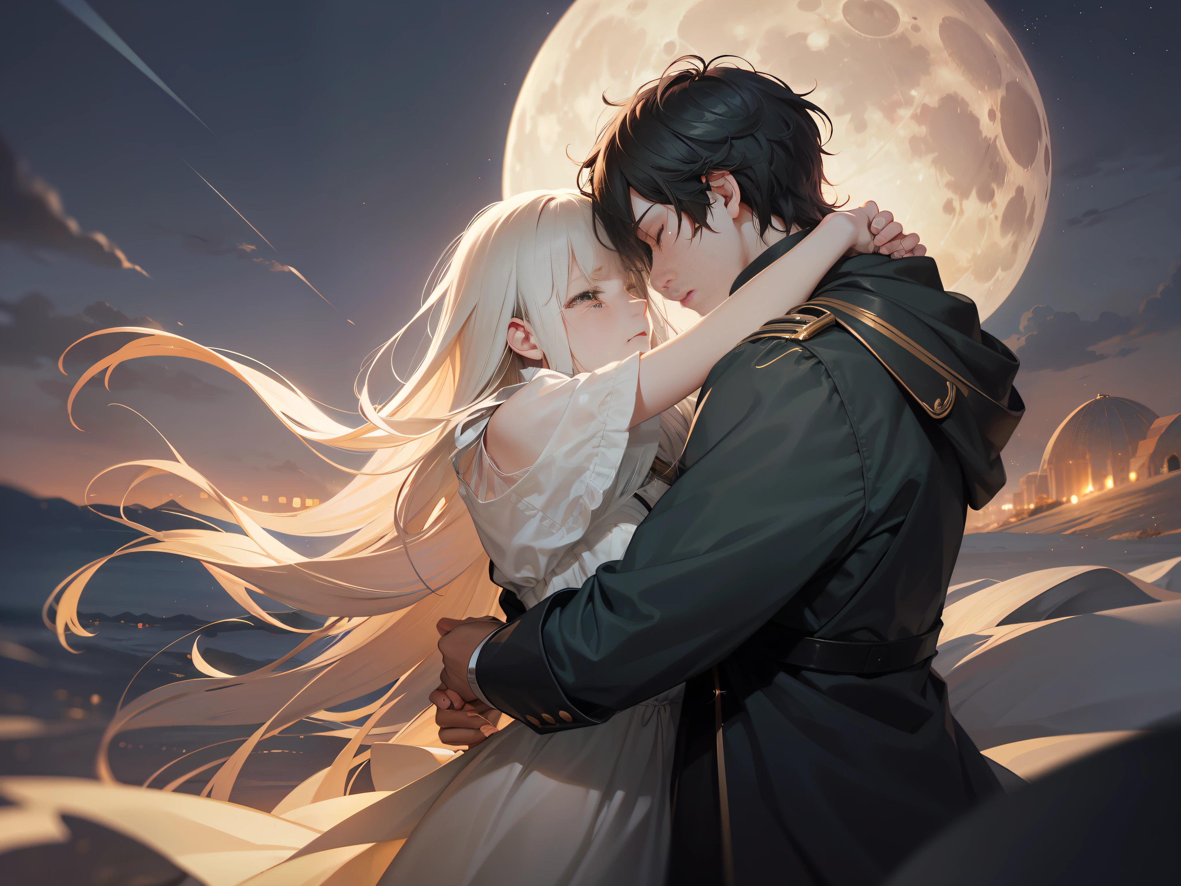 night, fantastic atmosphere, moonlit night, big moon, open arms, hands, hands only, sad, seeking a loved one, sad, tears, dune, white dress, , shoulder dress, hugging, painful feelings, don't go, silver-haired woman
