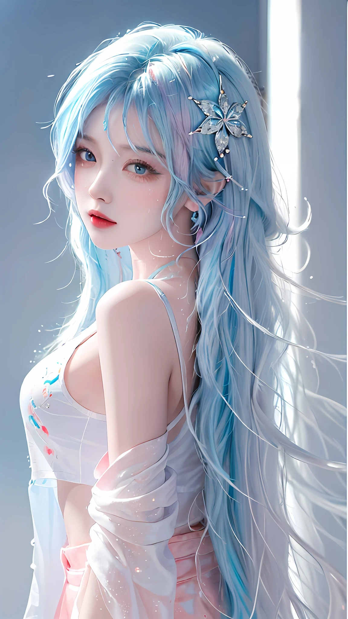 (Masterpiece, Best Quality, High Resolution), White Background, Acrylic Paint, ((Color Splash, Splash of Ink, Color Splash)), Sweet Chinese Girl, Long Light Blue Hair, [Light Blue|Pink] Hair, Curly Hair, Glitter, Peach Lips, White Shirt, Front, Upper Body