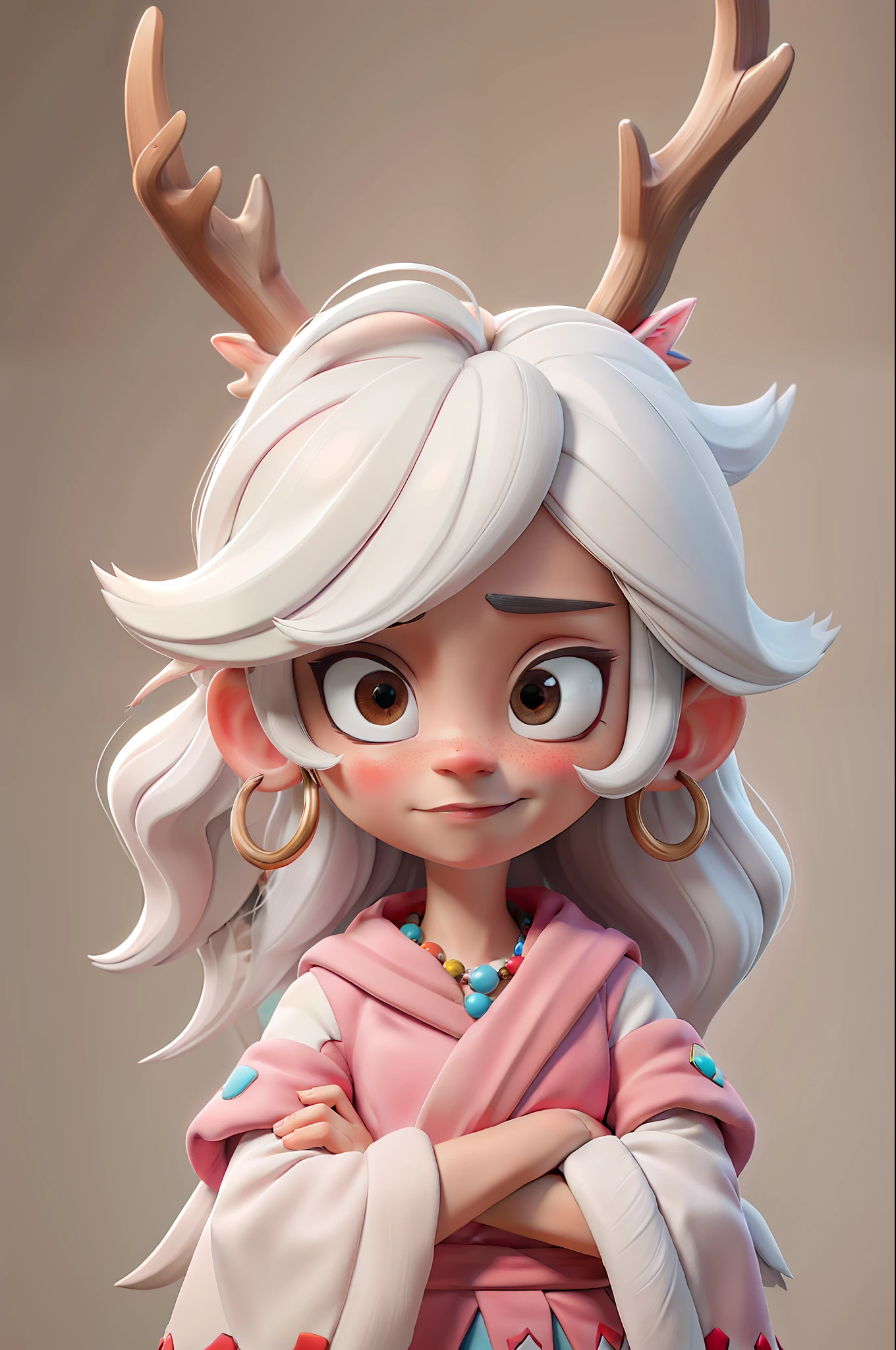Masterpiece, of the best quality, a -yead littwisted left side, white hair, pink nose, antlers, deer ears, red fringed earrings, ethnic style