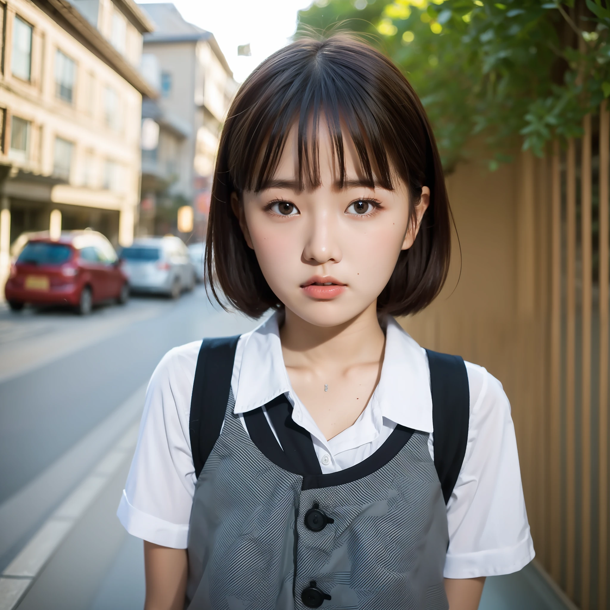 cute schoolgirl, short cut, face up shot, round face, beauty, summer clothes, puberty, dusk, taken from the front, face to face, portrait, school, camera gaze, pale