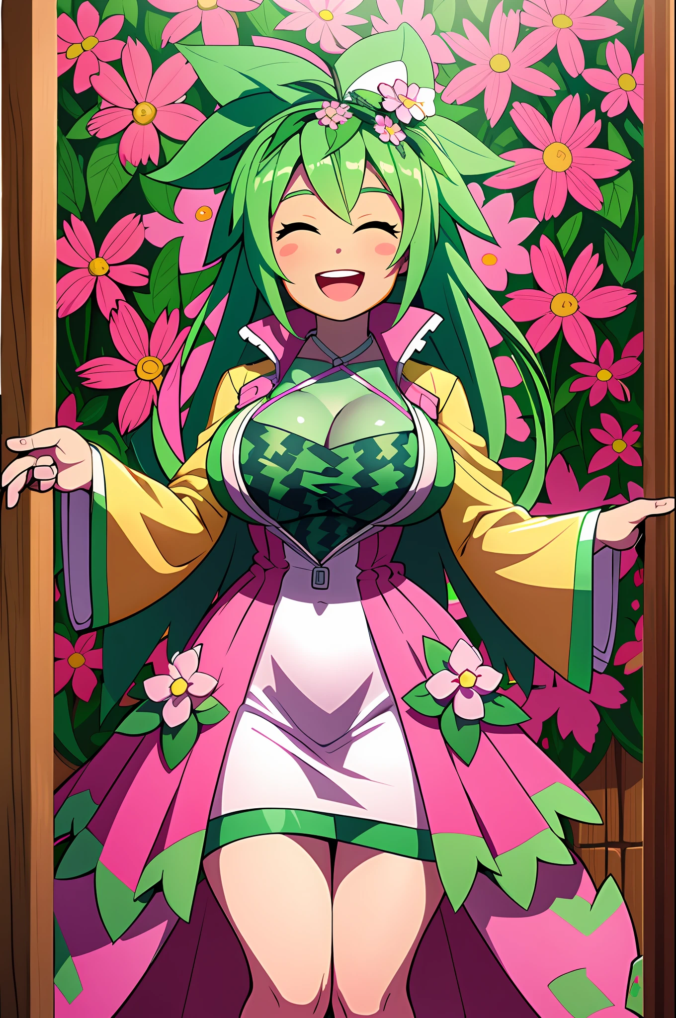 Kanna Blaster Master, floral fauna, female, fully clothed), toon, huge chest, smile, green hair, long dress, whole body, smile, open mouth