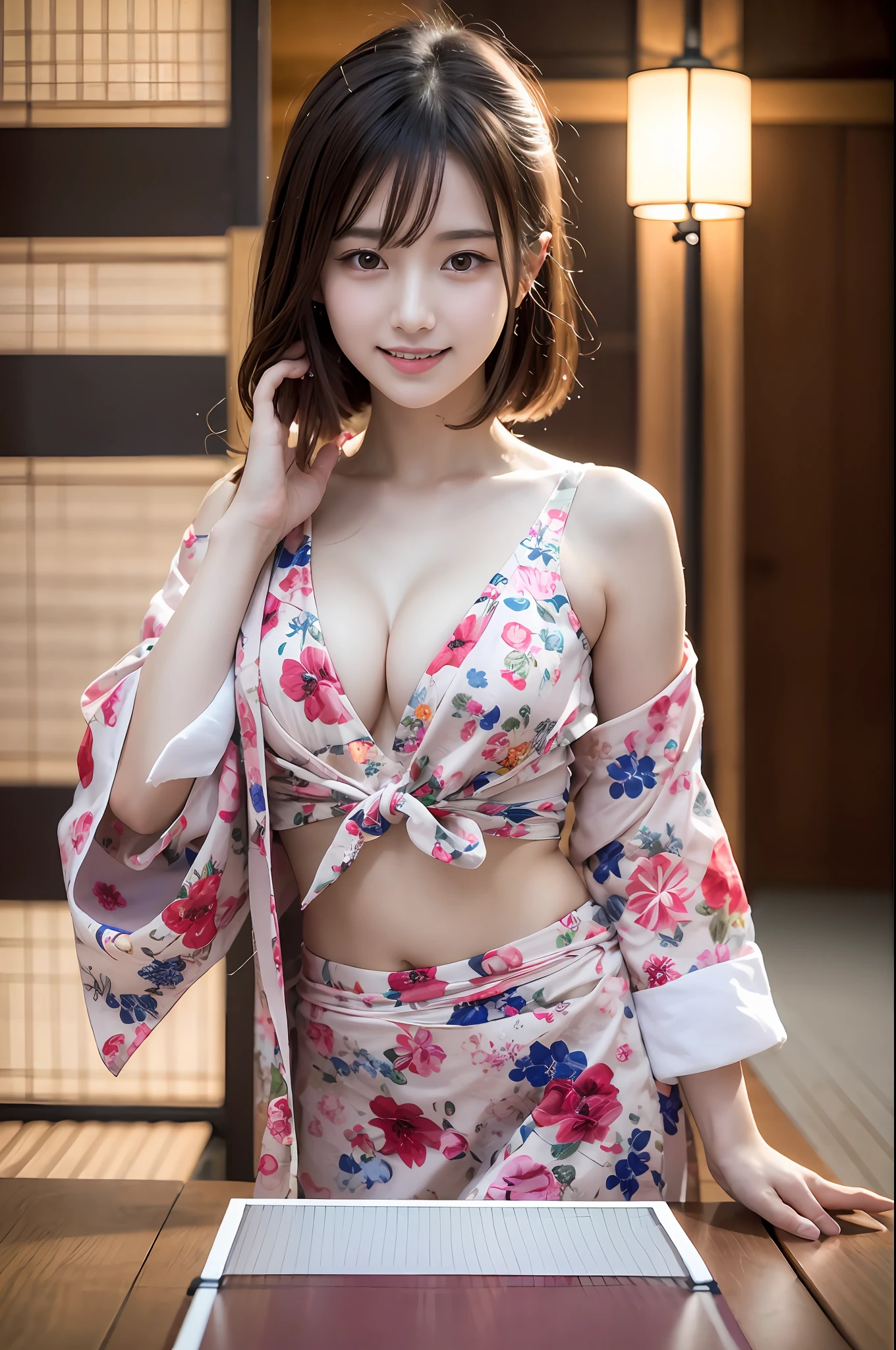 (Best Quality, 8k, 32k, Masterpiece, UHD: 1.2), 1 Girl, Beautiful Japan Woman, Slender Waist, Beautiful Woman with Perfect Style: 1.4, Big: 1.3, Fine Face, Smile, Ryokan, Yukata, Table Tennis, 18 Years Old, Nogizaka Idol, Actress, Korean Idol, Gravure Idol