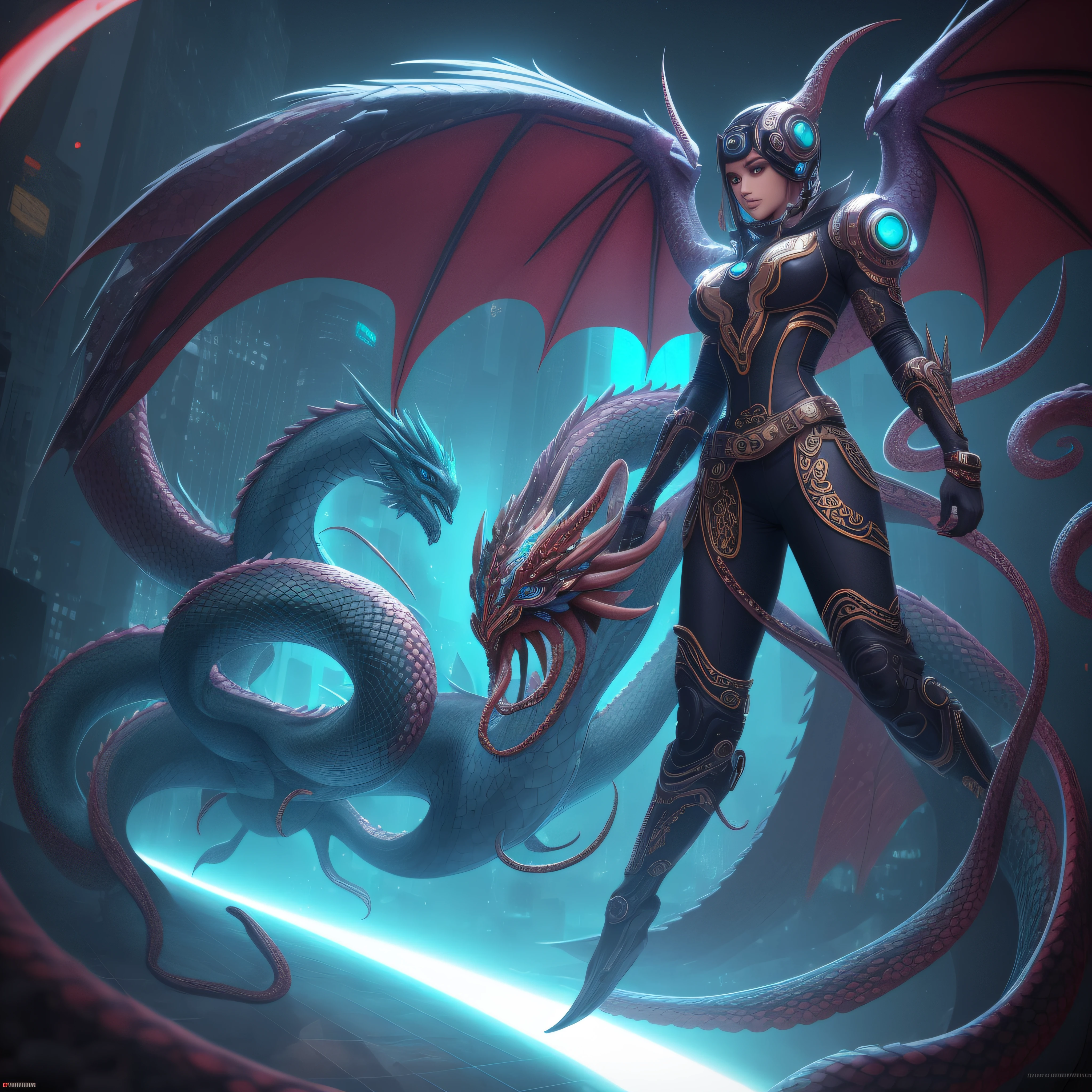 wide fullbody portrait, fullbody space ALIEN hightech cyberpunk anthropomorphic octopus-serpent-dragon-quetzalcoatl GOD, with exquisitely colored full-body feathered wings, Futuristic Mayan-Aztech-SpacePilot outfit, Raytraced Octane Render,