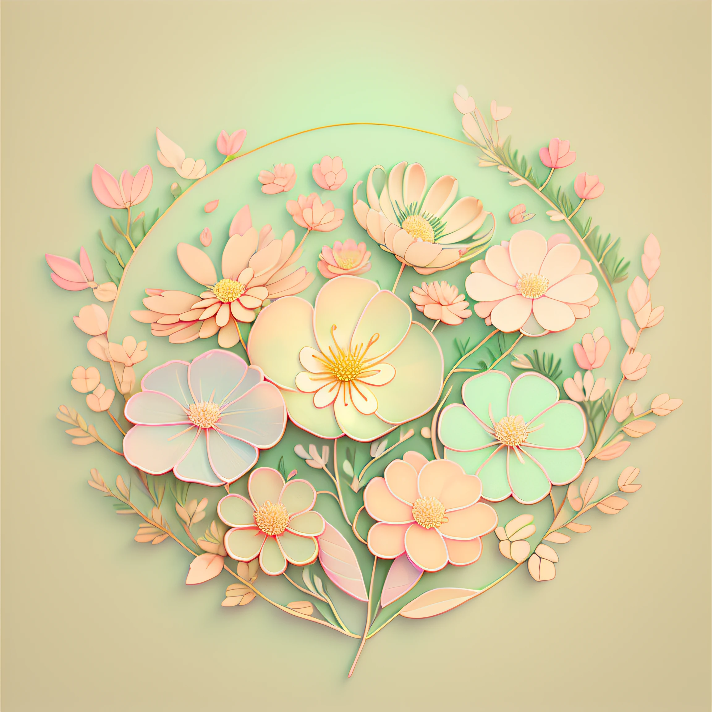 Delicate pastel background with veined leaf ornament, thin dark lines, dark veins in the leaves, transparent flower petals, warm color scheme, elegant floral ornament, delicate botany, small flowers and ears, dill inflorescences, flat image, pastel light colors, calm beige colors, diffused light, joyful mood, illustrator style, 2D, 4K