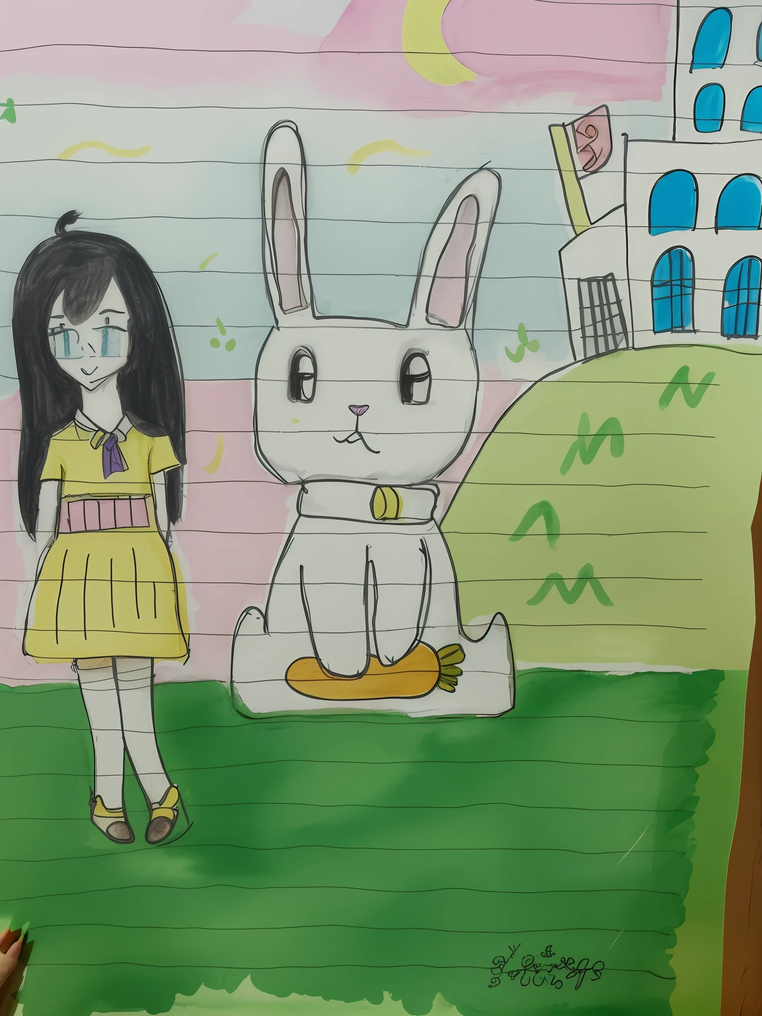 drawing of a girl and a rabbit in a field with a castle in the background, by Yuki Ogura, rabbit_bunny, an anime drawing, by Kamisaka Sekka, by Kume Keiichiro, by Viktor Oliva, inspired by Chiho Aoshima, by Naka Bokunen, bunny girl, by Nándor Katona