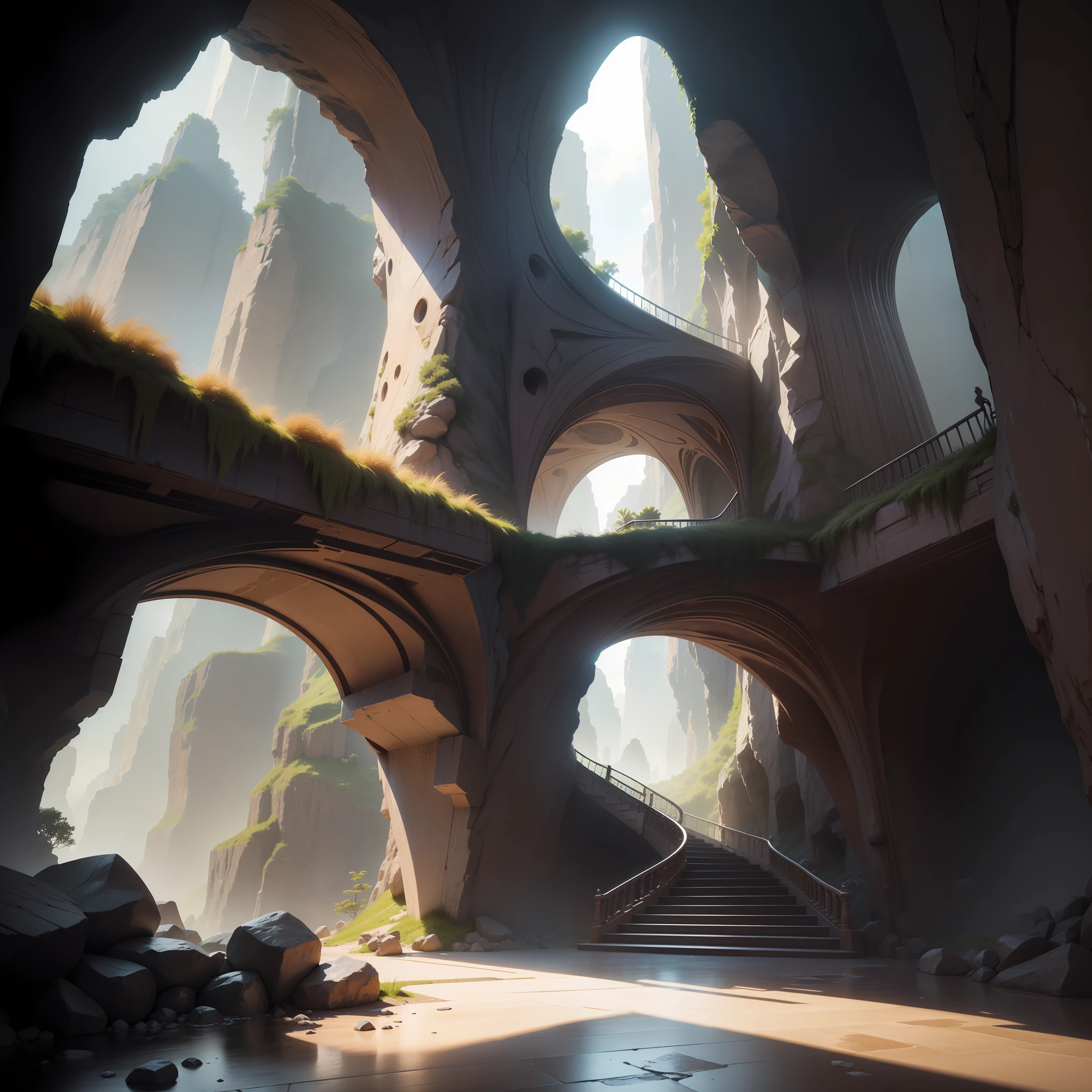 Futuristic design of cave architecture interiors concept art on grand Canyon caves nature architecture, proportional,detailed, cave architecture nature meets futuristic architecture by Toyo Ito ,residential area, futuristic development, high rise made up staircases, balconies, full of rock and glass facades, residential spaces carved from cliff side ,trending on artstation, beautiful lighting,In the style of Jean Nouvel masterpiece, fantasy, intricate, award winning, 4k, highest quality render