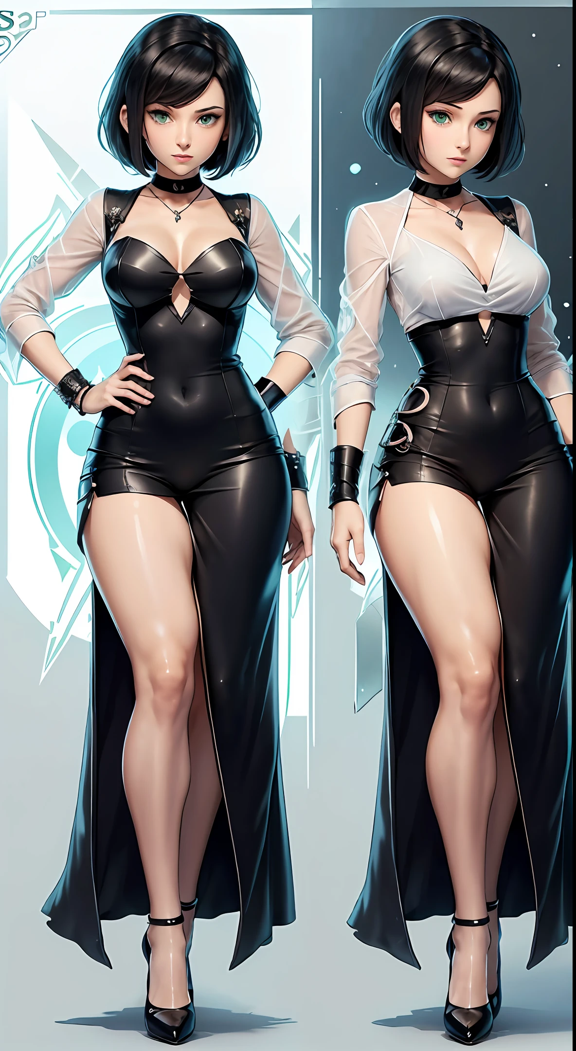 Character sheet, official art, 1 girl, full height, green eyes, black short hair, white shirt, black tie, black dress pants, black heels, jewelry, many details --auto --s2