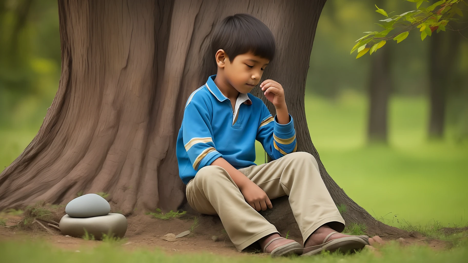 "A boy sitting near a tree with a stone in his hand."