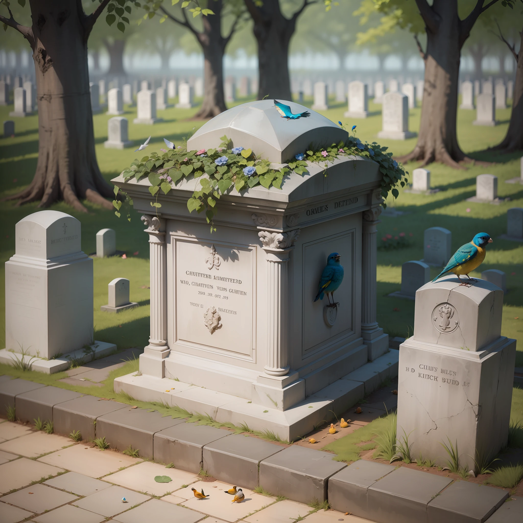 A cemetery tomb with a dead blue bird