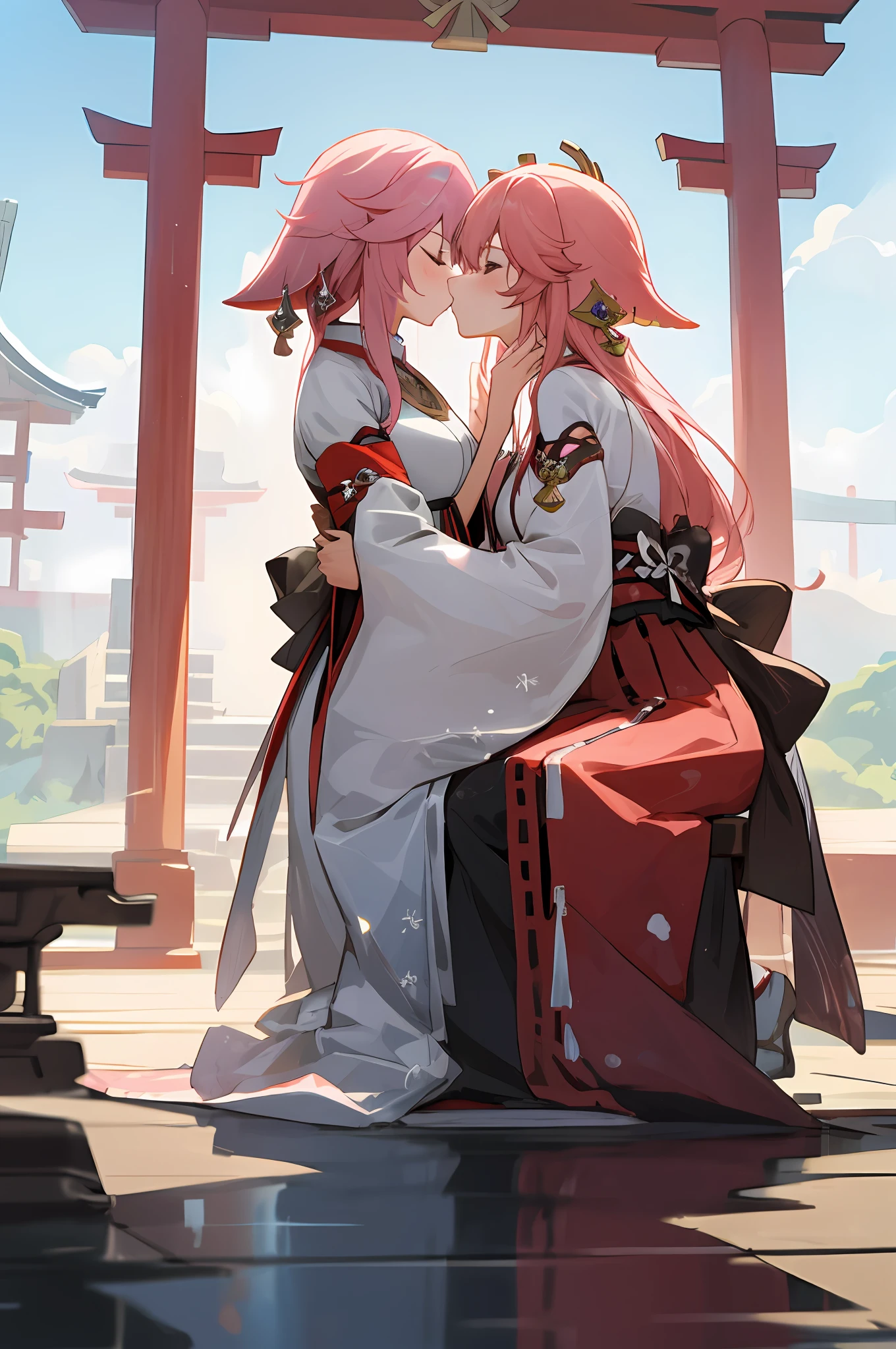 anime image of two women dressed in traditional japanese clothing in japanese shrine, palace  a girl in hanfu, wlop and sakimichan, pink haired deity, characters from azur lane, anime fantasy illustration, from the azur lane videogame, genshin, artwork in the style of guweiz, miko detailed art, two beautiful anime girls, pink hair, mother and child, pray at the shrine, sitting in the temple, kiss on the cheek, chuckle