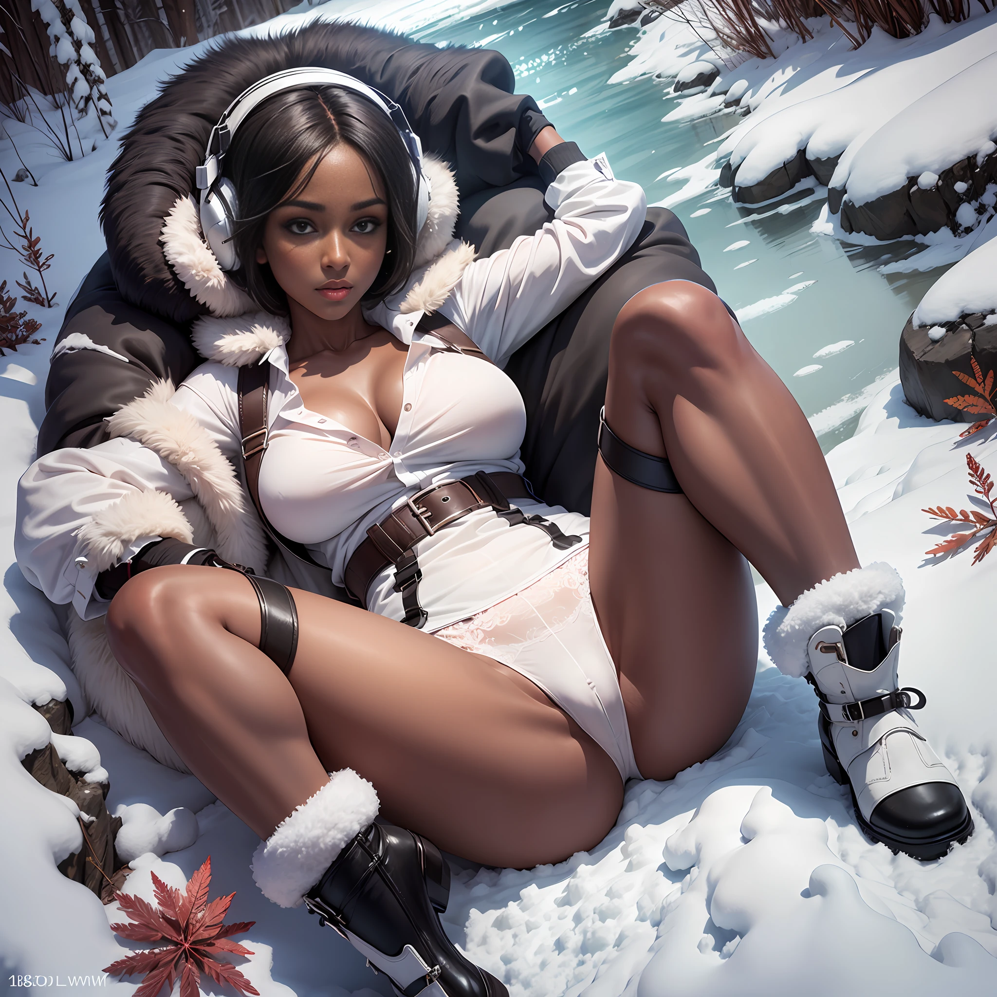 Rev1, masterpiece, high quality, high resolution, high texture, 8k, beautiful 18 year old woman with dark skin and dark hair, bob cut, (((dark_skin:1.2))), tired eyes, blushing cheeks, rosey lips, dark eyeliner, large breasts, ((white blouse, unbuttoned:1.2)), ((puffy jacket, unzipped:0.8)), plaid skirt:1.2, fur thigh high stockings, ((white panties:1.0)), snow boots, earmuffs, suspenders, 24mm camera lens, sexy pose, seductive pose, fashion model pose, laying on back, legs spread apart, thighs spread apart, shot from above, snow covered forest, frozen river, daylight, sunshine, subsurface scattering, volumetric lighting