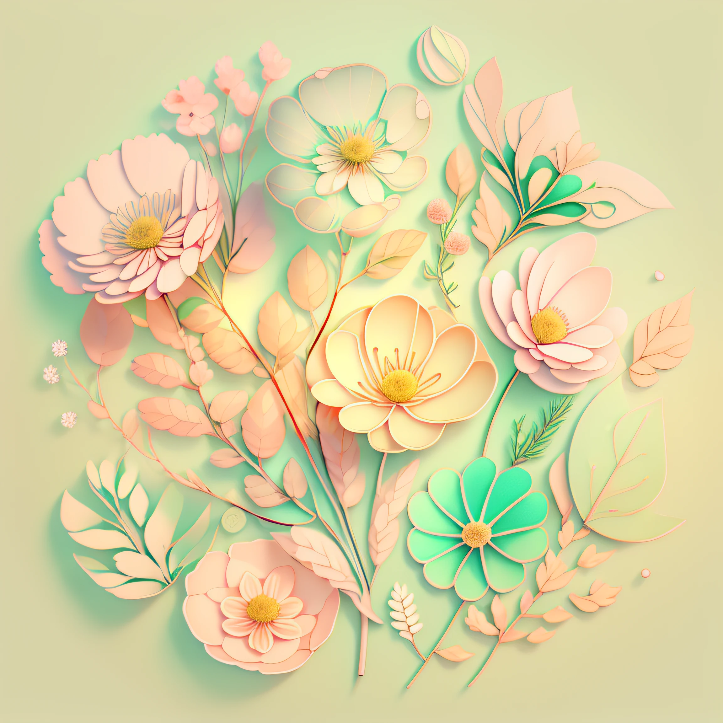 Delicate pastel background with veined leaf ornament, thin dark lines, dark veins in the leaves, transparent flower petals, warm color scheme, elegant floral ornament, delicate botany, small flowers and ears, dill inflorescences, flat image, pastel light colors, calm beige colors, diffused light, joyful mood, illustrator style, 2D, 4K