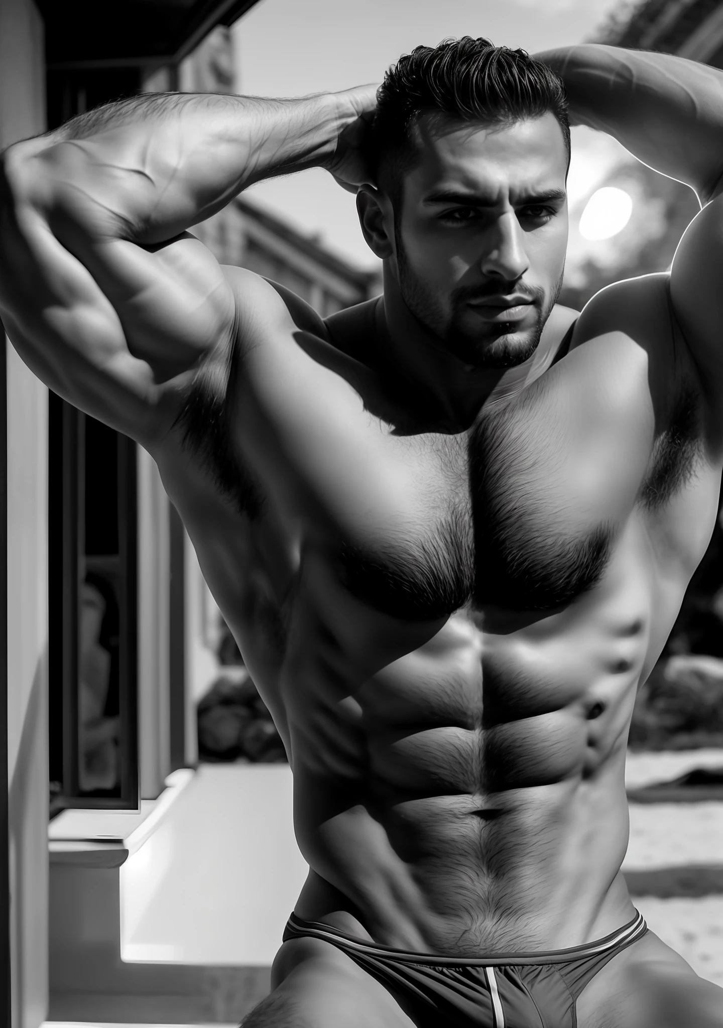 "RAW photo, shirtless portrait of a muscular Arabian man in a grey speedo, shot in 8k UHD with a Fujifilm XT3 camera, showcasing high-quality details and film grain." gigachad, arabic nose, armpits, bodybuilder, dramatic lighting at sunset