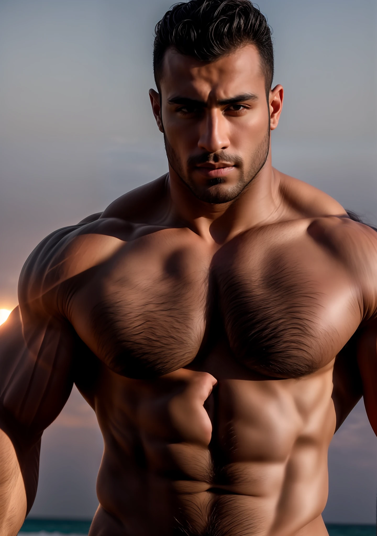 "RAW photo, shirtless portrait of a muscular Arabian man in a grey speedo, shot in 8k UHD with a Fujifilm XT3 camera, showcasing high-quality details and film grain." gigachad, arabic nose, armpits, bodybuilder, dramatic lighting at sunset