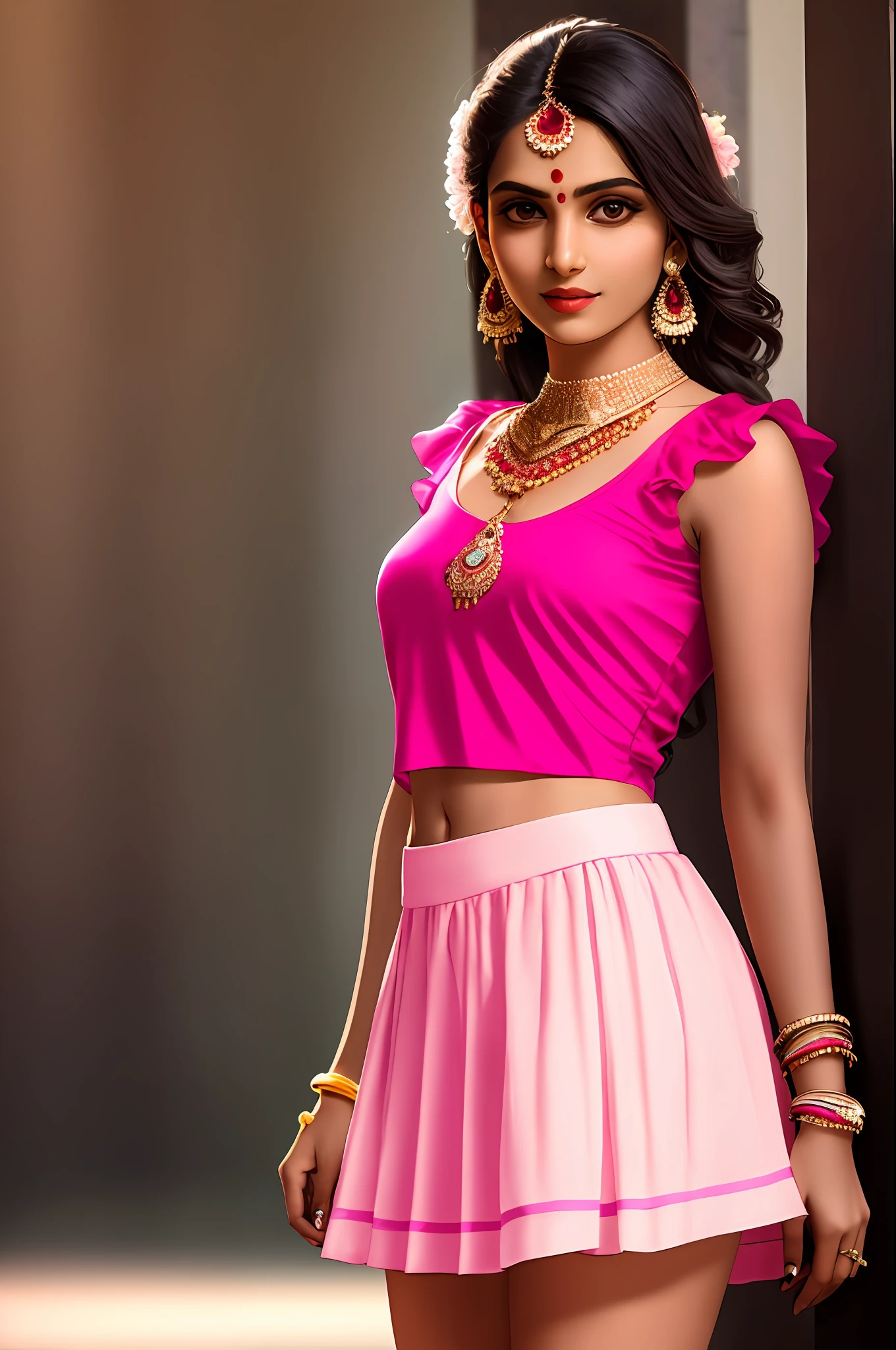 Sure! Here's an optimized prompt based on the given description:
"A seductive Indian girl, adorned with exquisite jewelry, wearing a light pink top and very light blue mini raffle skirt. Showcasing her legs in a realistic and highly detailed manner, she poses alluringly in front of the camera."