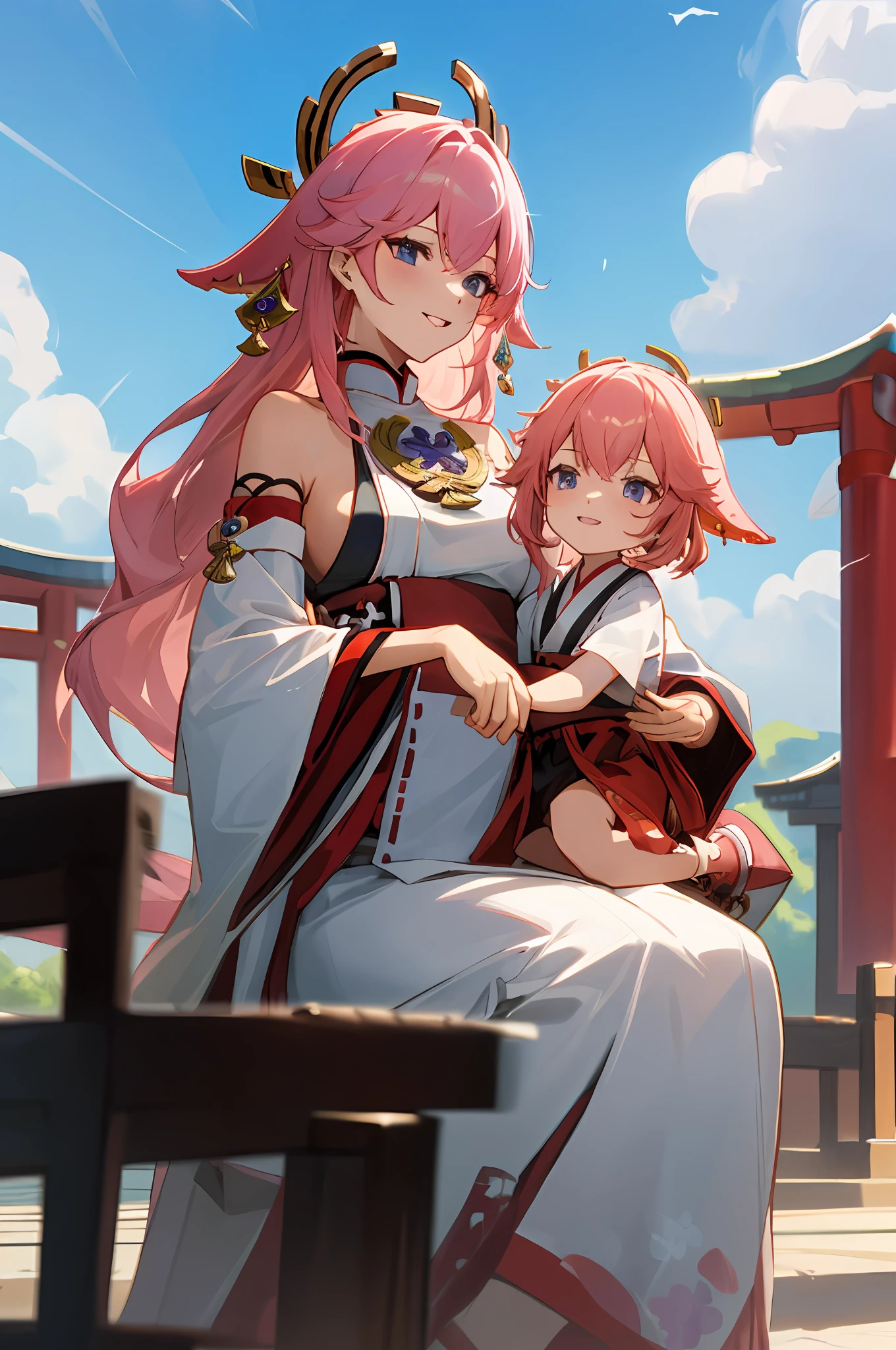 anime image of two women dressed in traditional japanese clothing in japanese shrine, palace  a girl in hanfu, wlop and sakimichan, pink haired deity, characters from azur lane, anime fantasy illustration, from the azur lane videogame, genshin, artwork in the style of guweiz, miko detailed art, two beautiful anime girls, pink hair, mother and , pray at the shrine, sitting in the temple, laugh