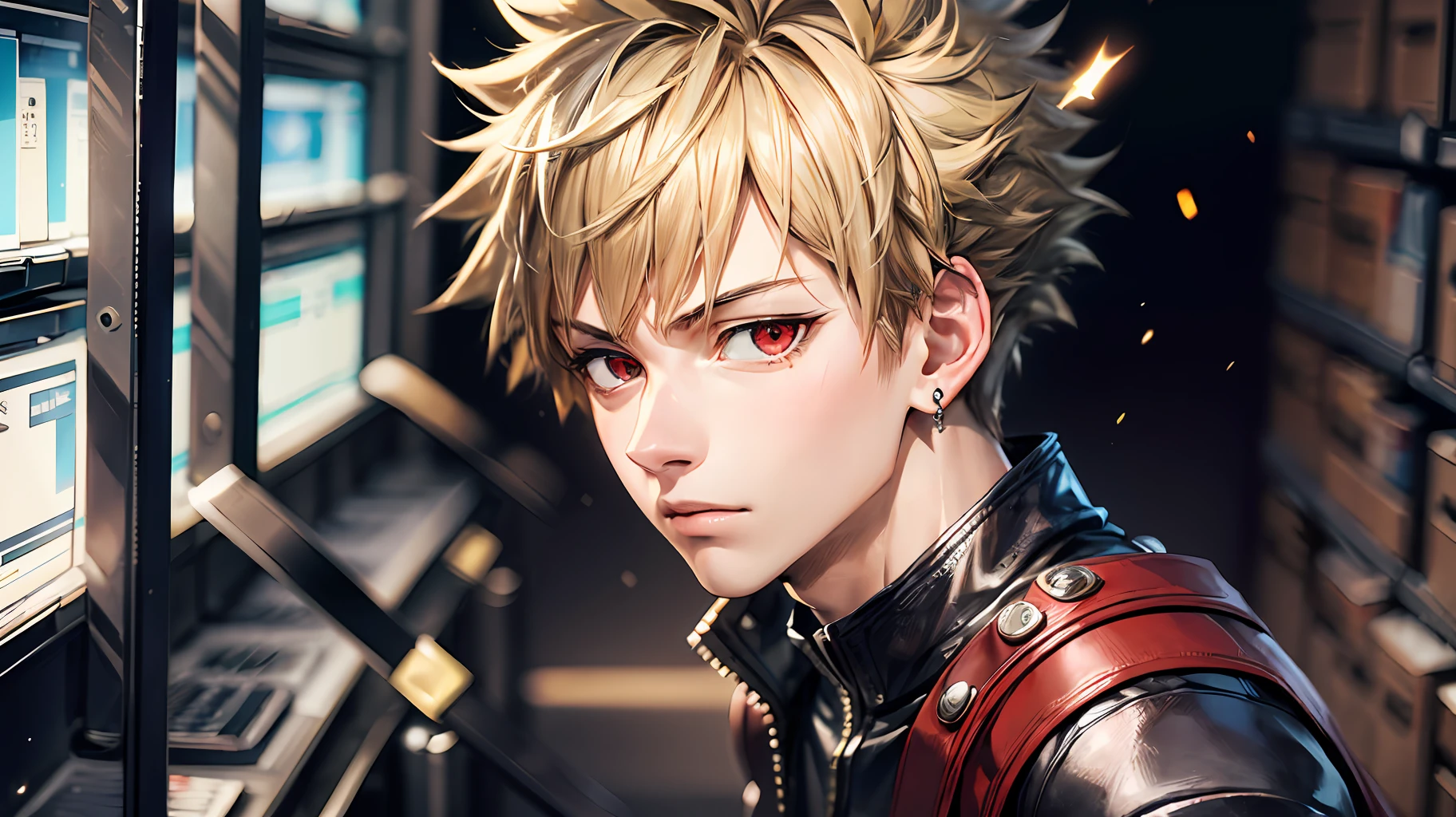((masterpiece, top quality, super definition, high definition)), one young man, Katsuki Bakugo, My Hero Academia, Blonde short hair, shining eyes, perfect red eyes, 25 years old, black outfit, grimace, beautiful skin, earrings, sparks,
