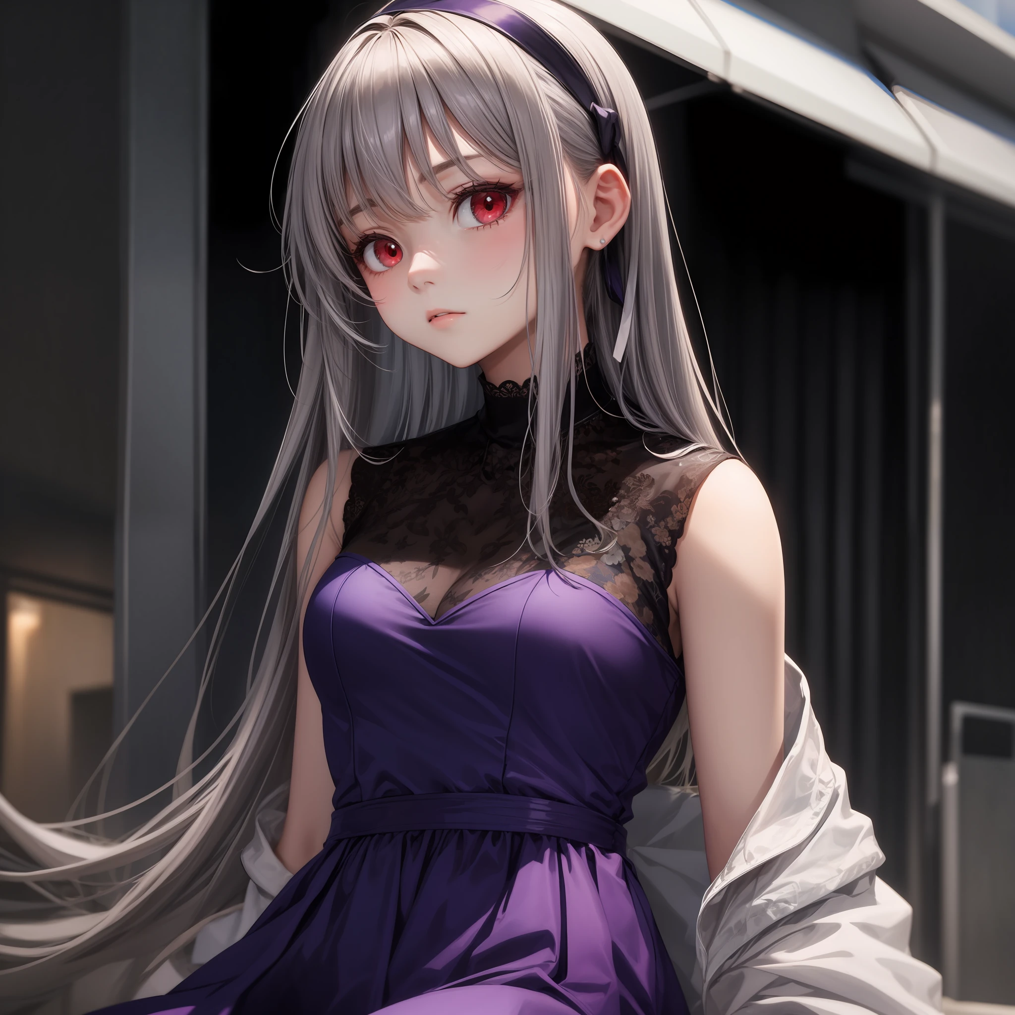 gray hair, red eyes, girl, alone, solo, 1girl, purple dress